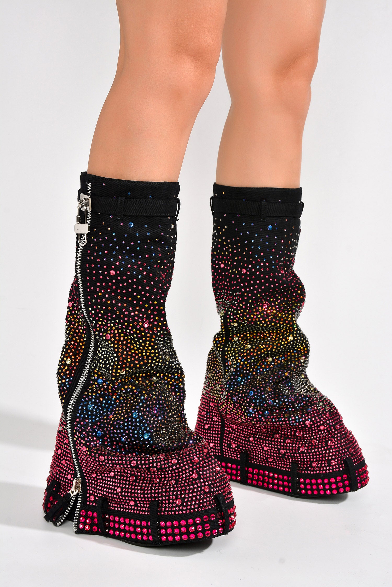 Kastel Denim Rainbow Rhinestone Platform Boots - Multicolor