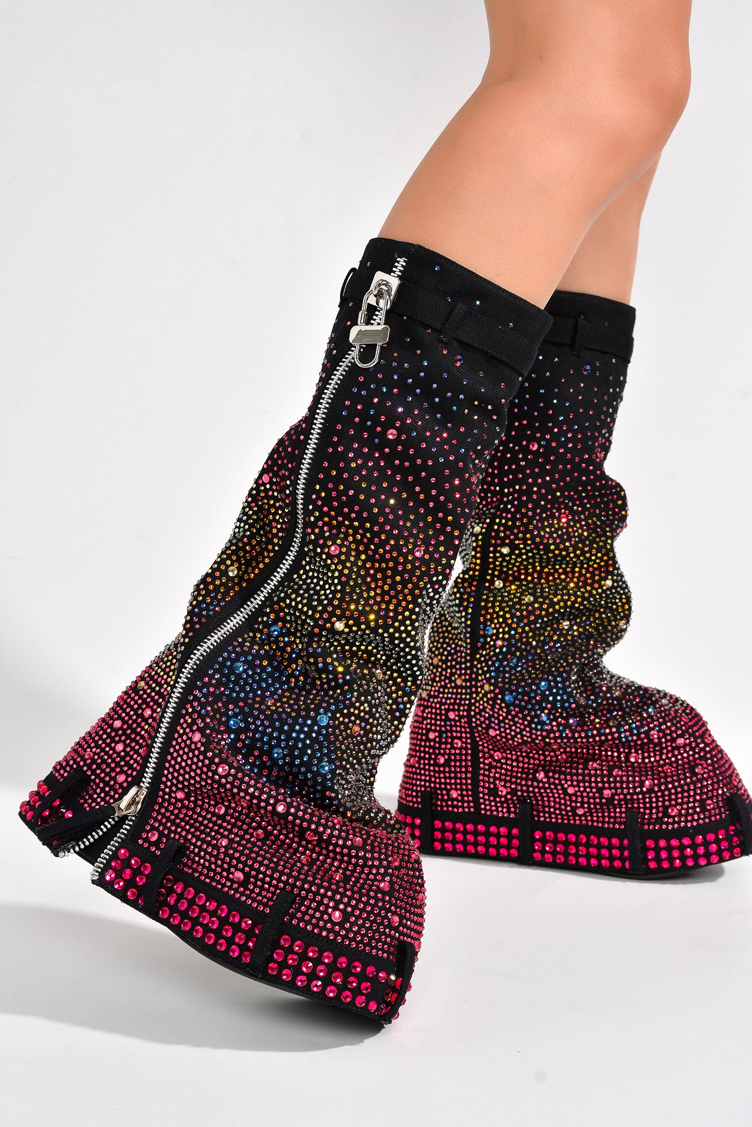 Kastel Denim Rainbow Rhinestone Platform Boots - Multicolor