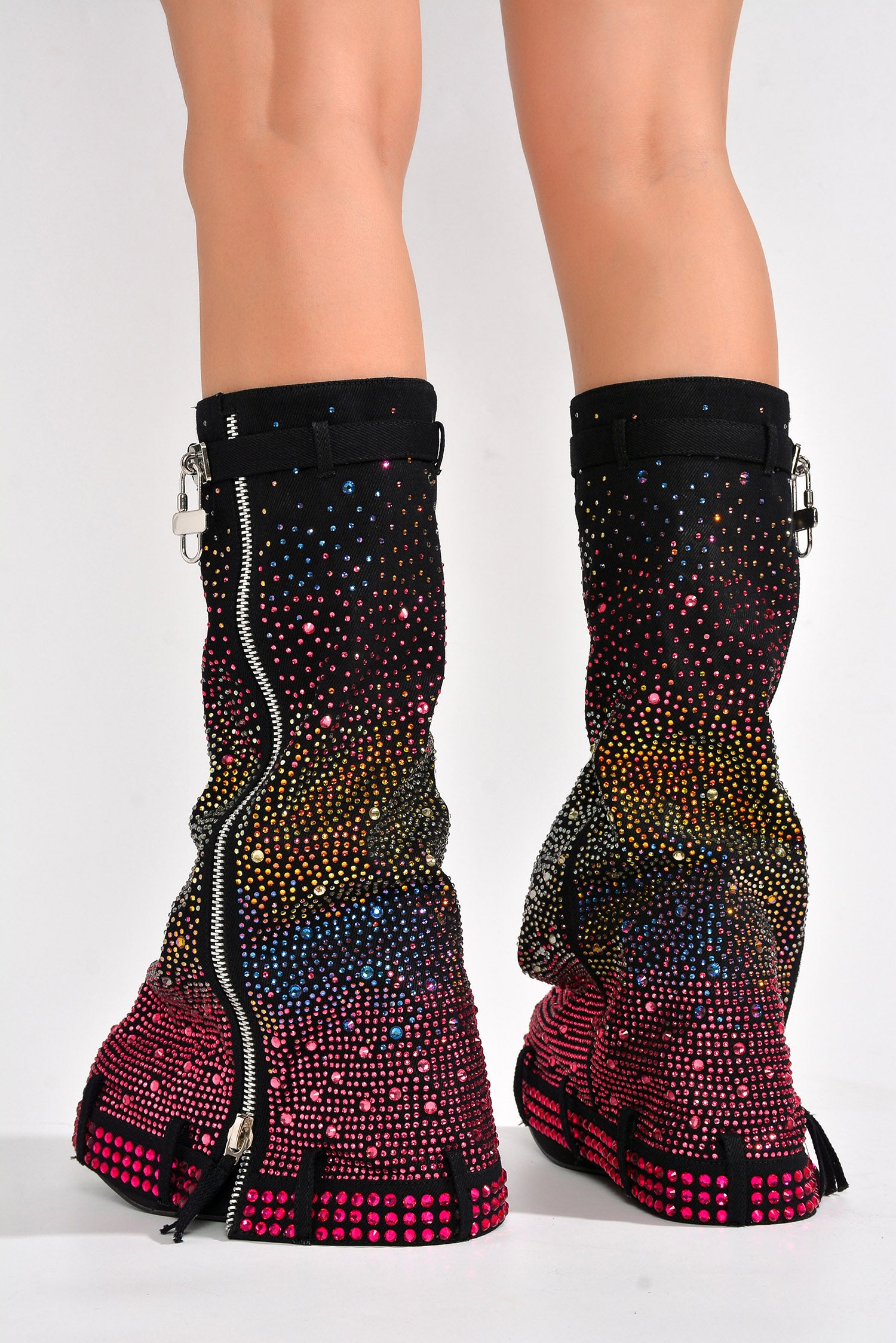Kastel Denim Rainbow Rhinestone Platform Boots - Multicolor