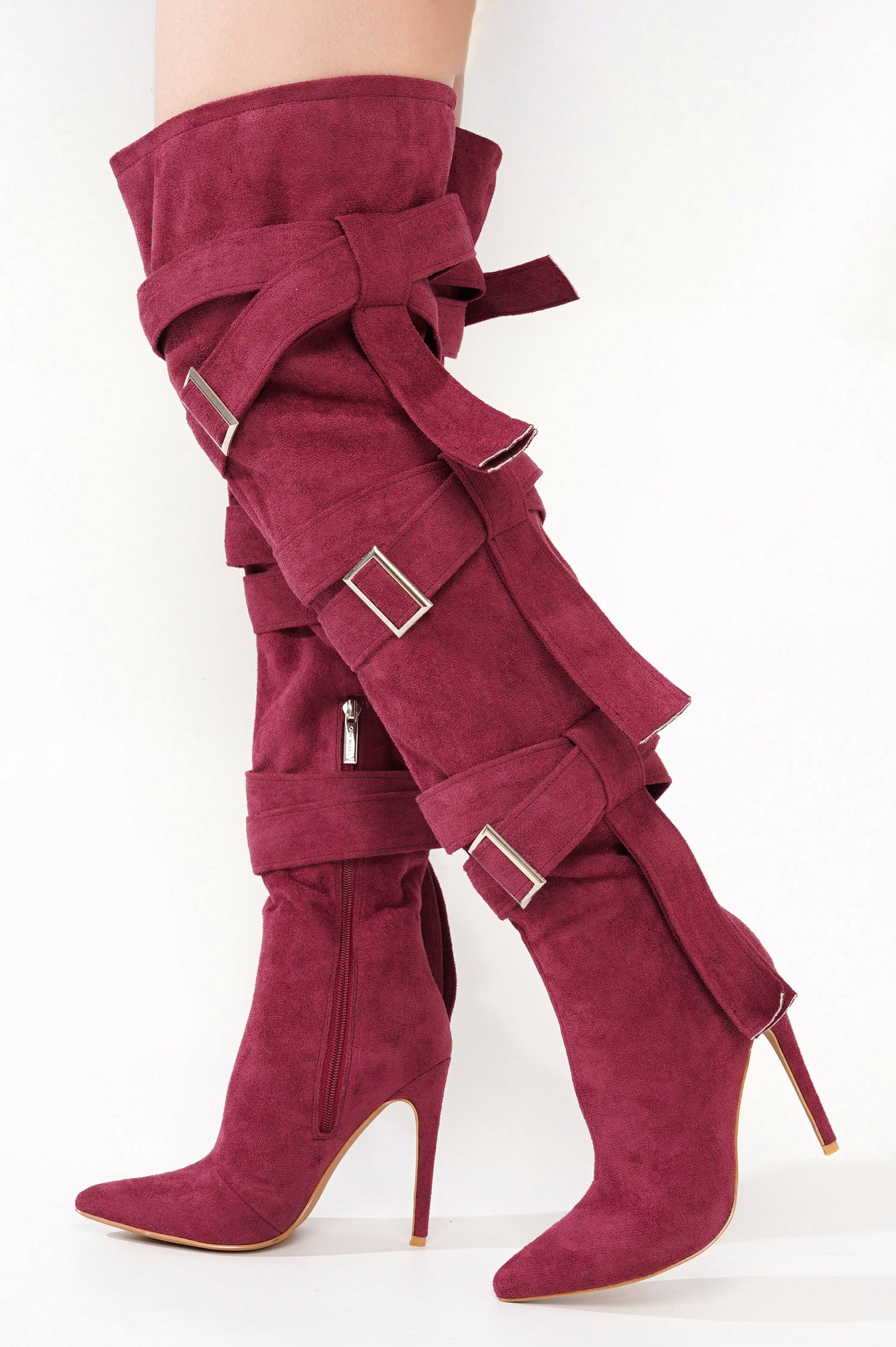 Katey Buckle Suede Wrap Over-the-Knee Boots - Burgundy