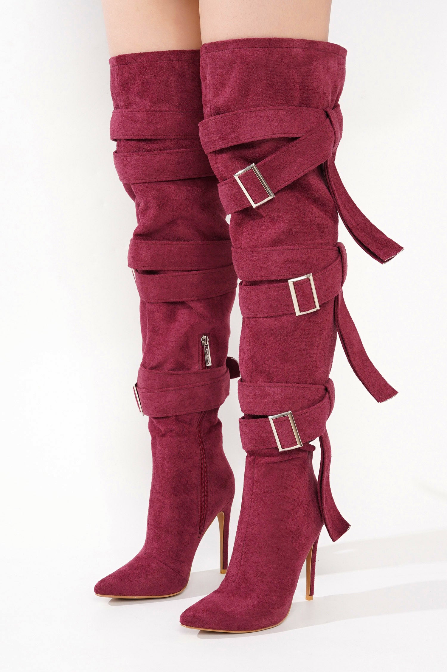 Katey Buckle Suede Wrap Over-the-Knee Boots - Burgundy