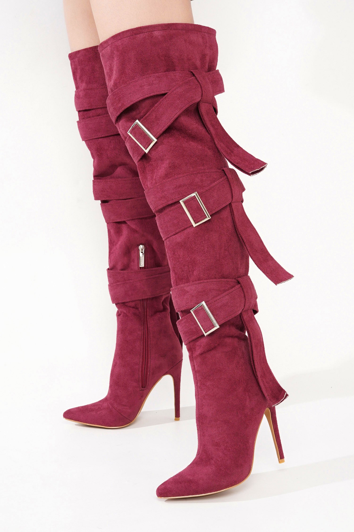 Katey Buckle Suede Wrap Over-the-Knee Boots - Burgundy