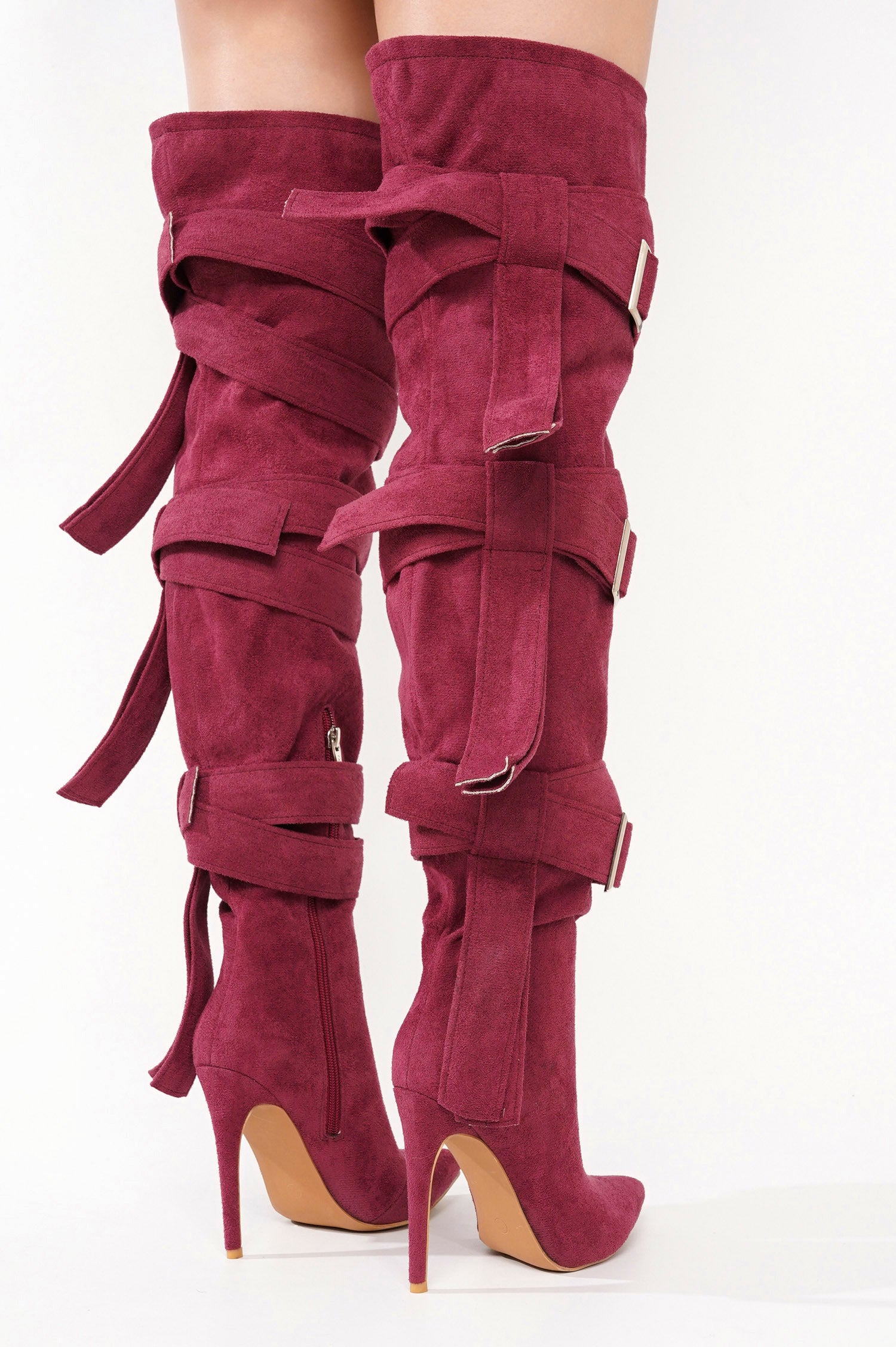 Katey Buckle Suede Wrap Over-the-Knee Boots - Burgundy