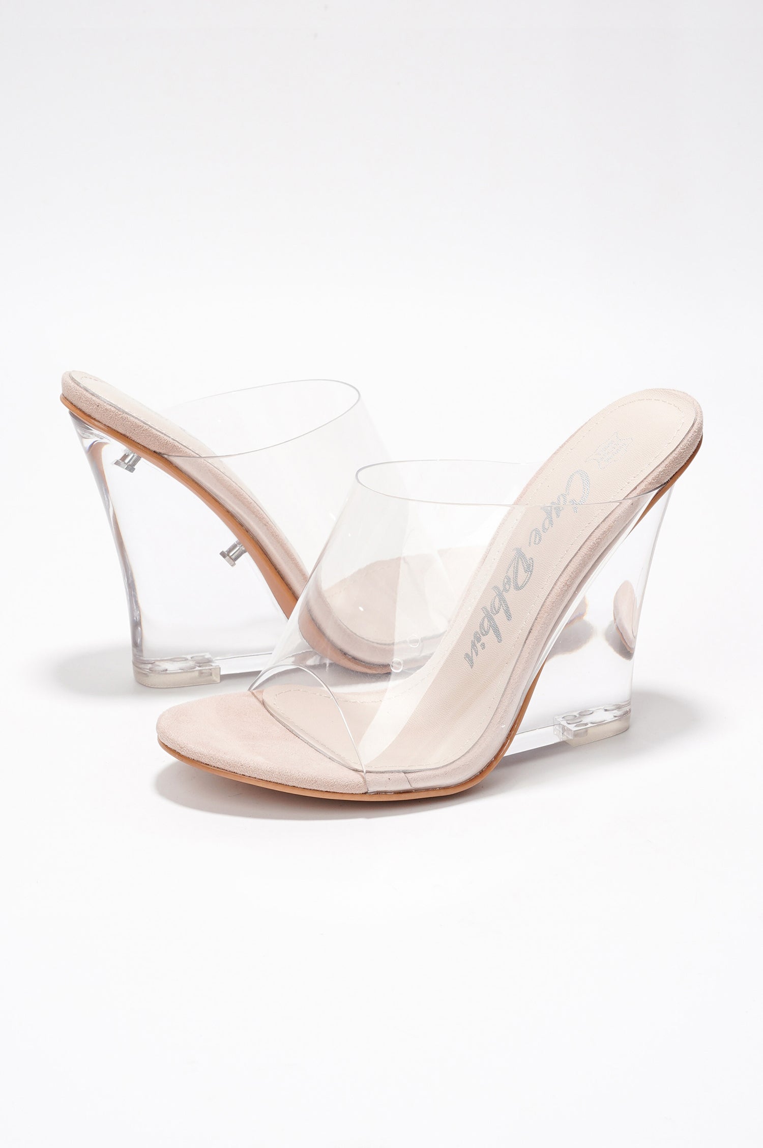 Lemonade Clear Slip-On Transparent Straps, Round Toe Wedge Heels - Beige - Cape Robbin