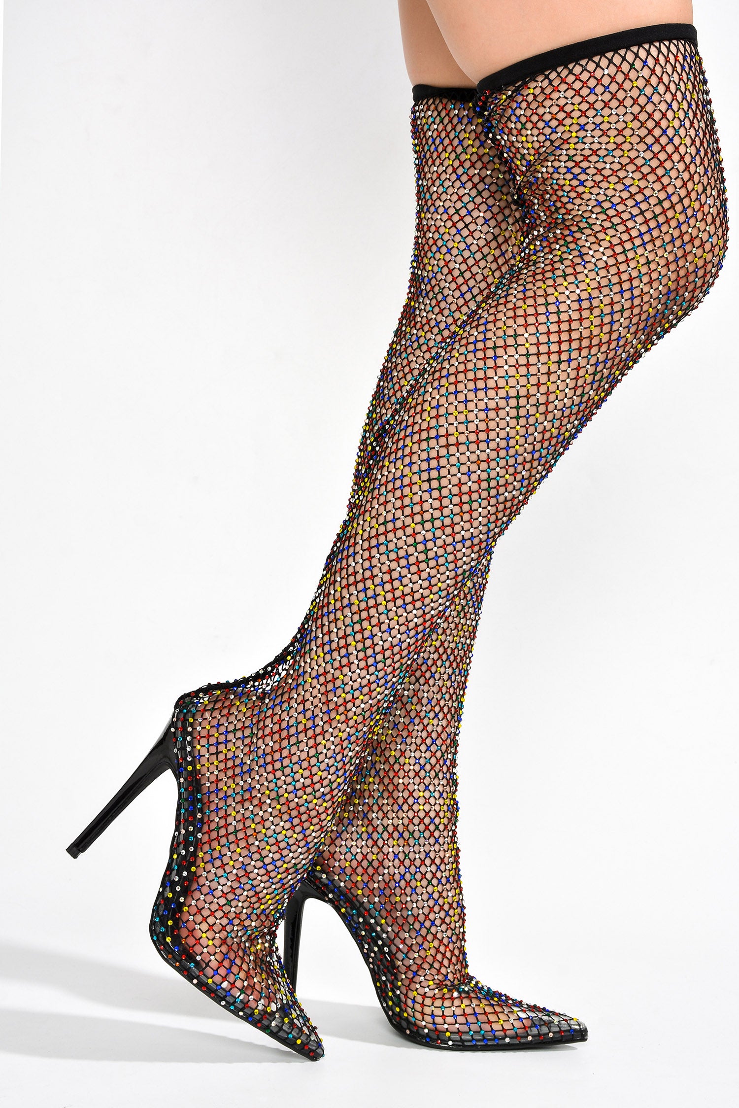 Linden Rhinestone Mesh Thigh High Heels - Black