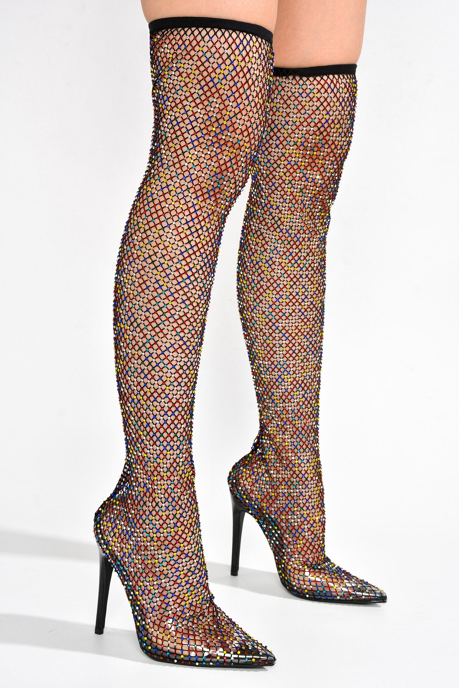 Linden Rhinestone Mesh Thigh High Heels - Black