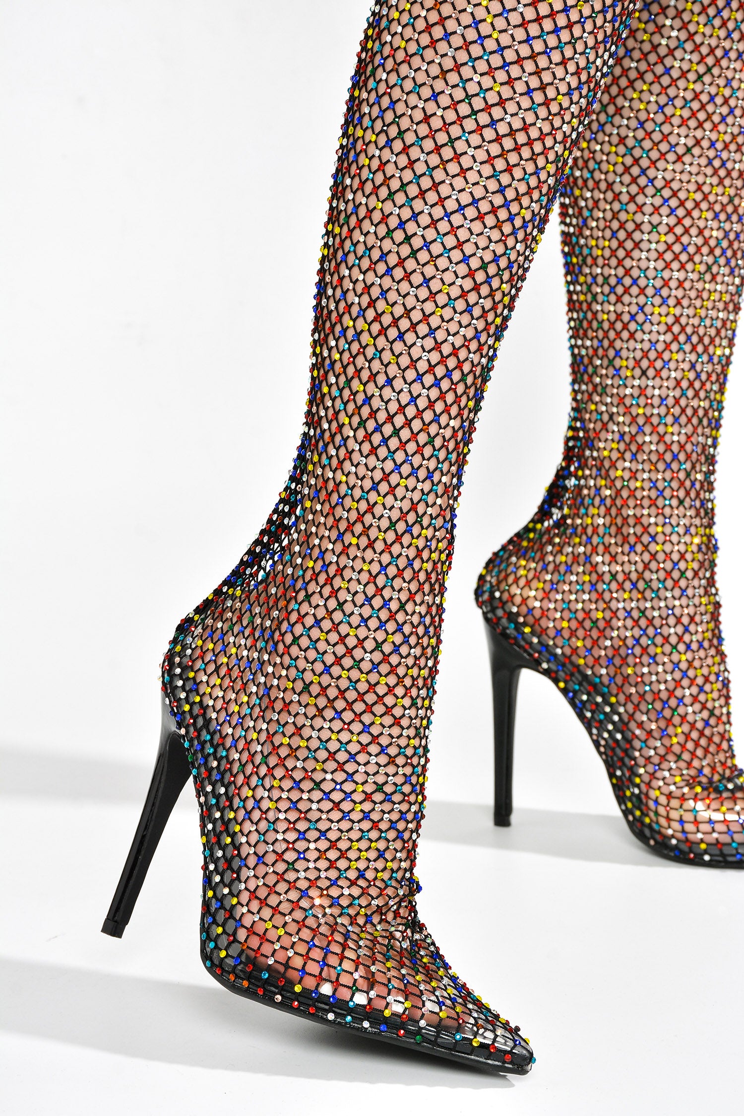 Linden Rhinestone Mesh Thigh High Heels - Black