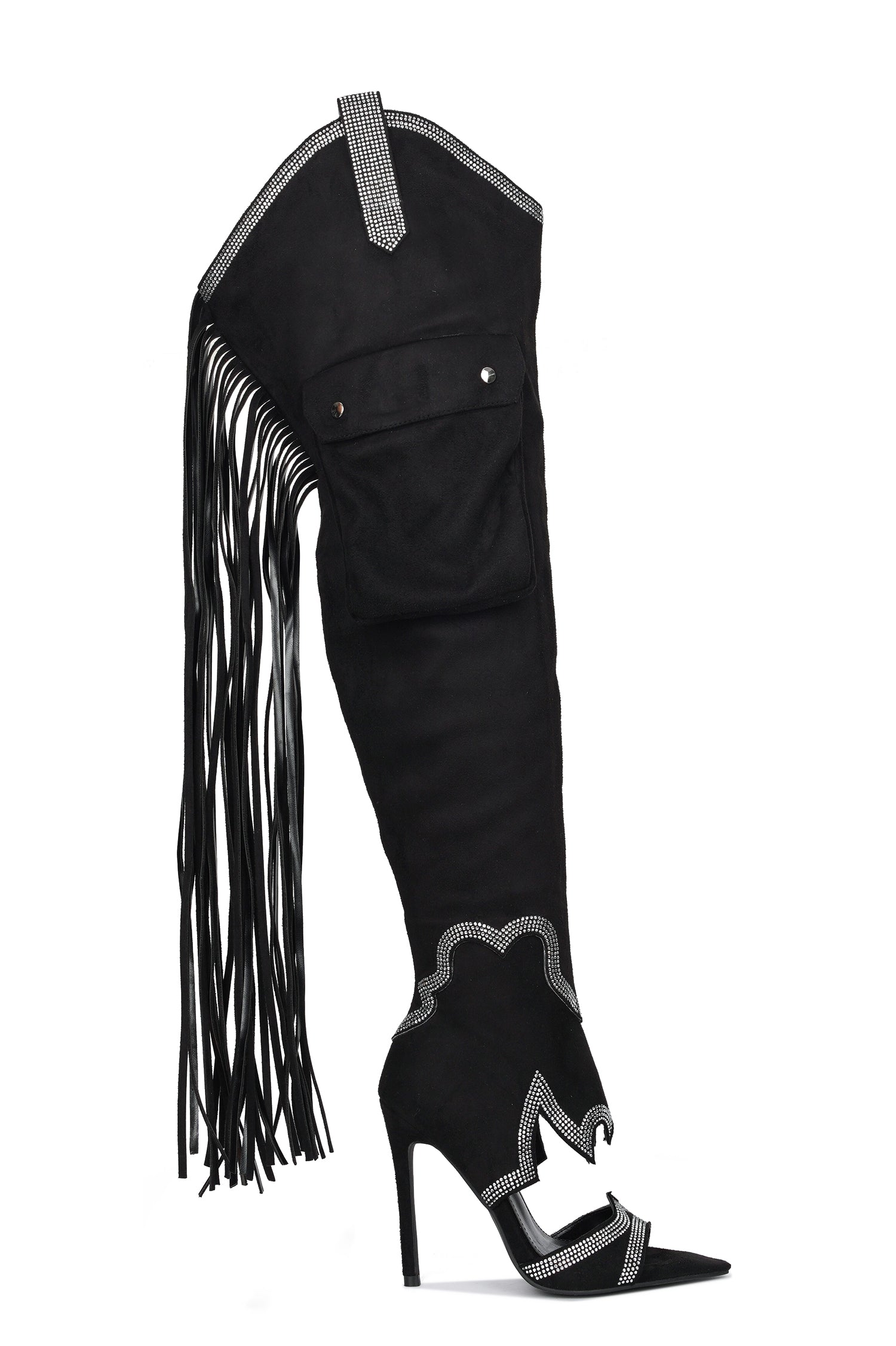 Lise Western Rhinestone Fringed Cargo Boots - Black