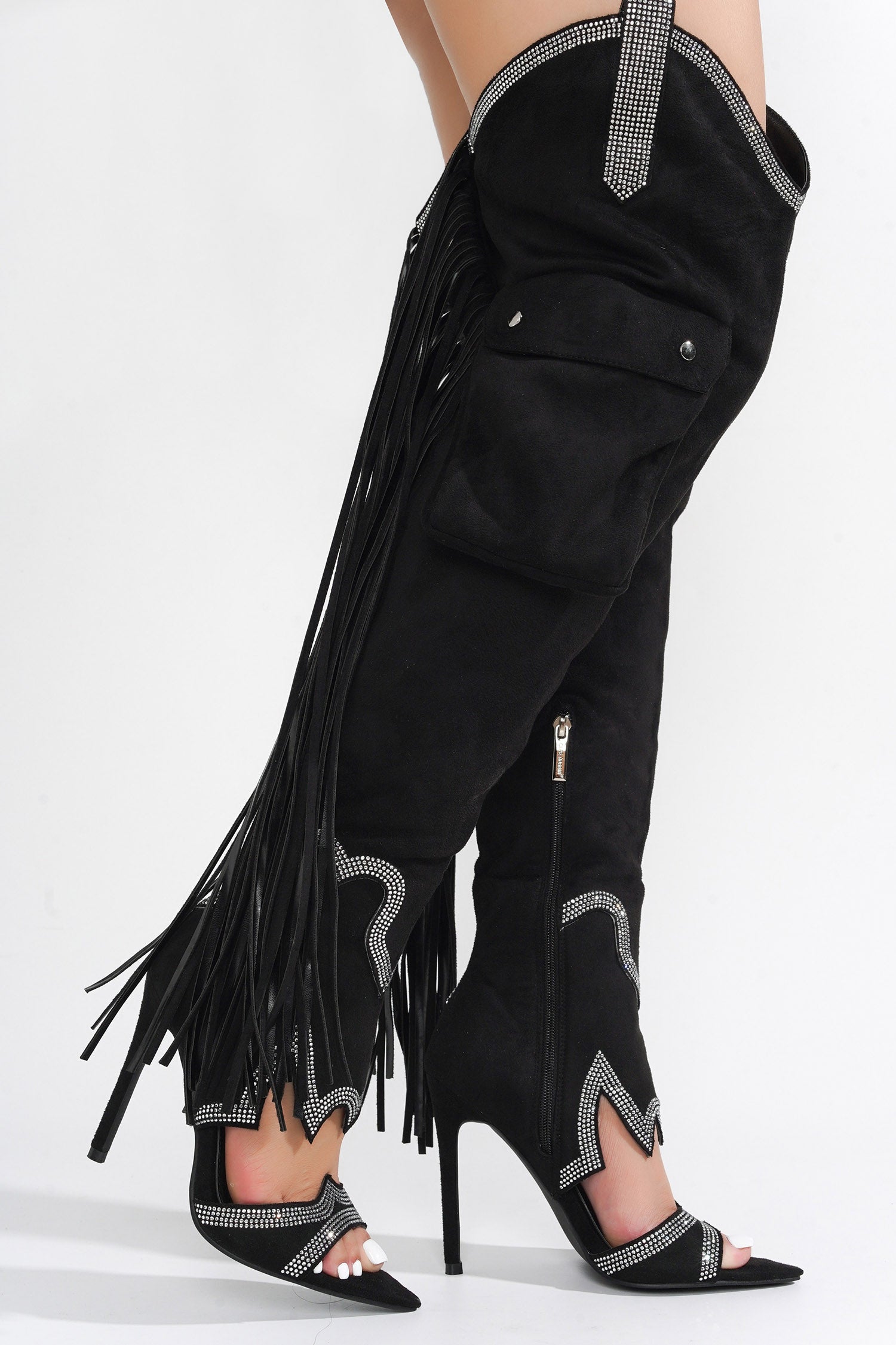 Lise Western Rhinestone Fringed Cargo Boots - Black