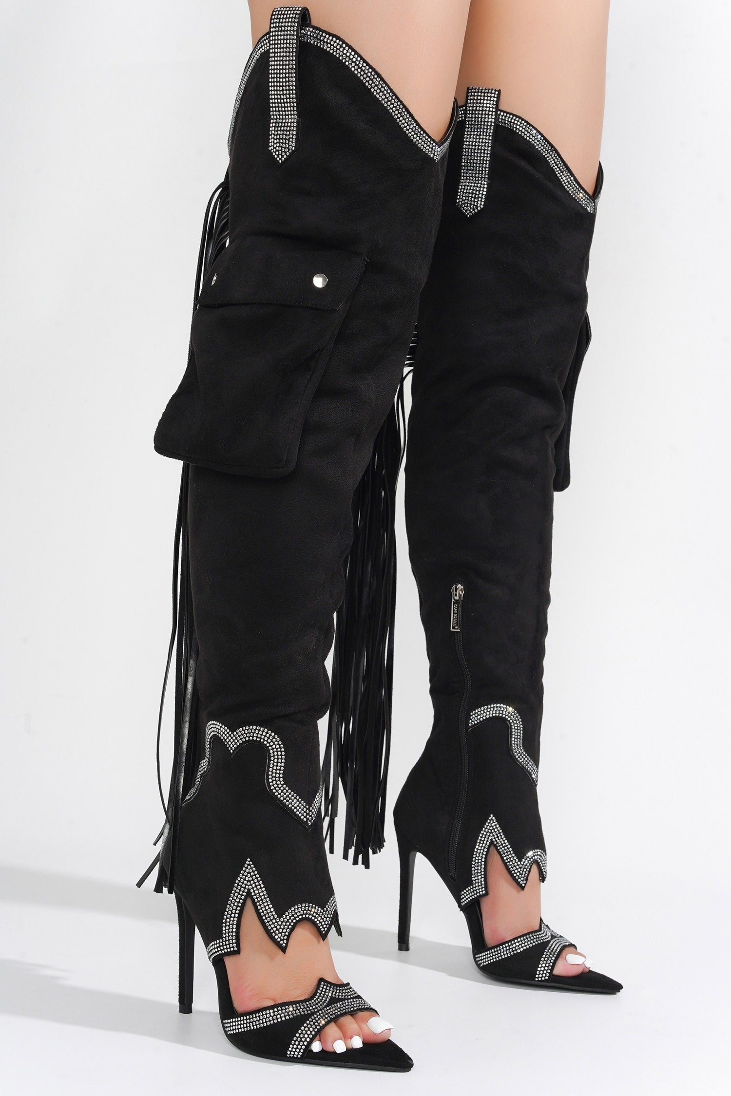Lise Western Rhinestone Fringed Cargo Boots - Black