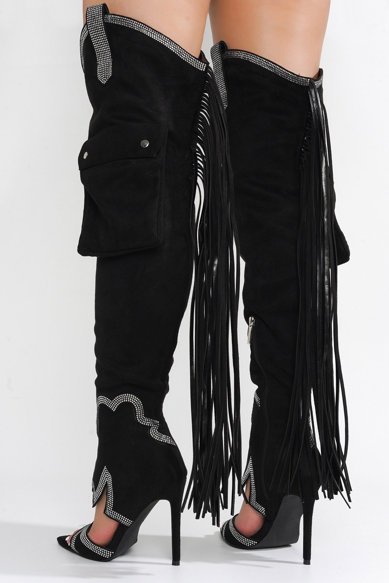 Lise Western Rhinestone Fringed Cargo Boots - Black