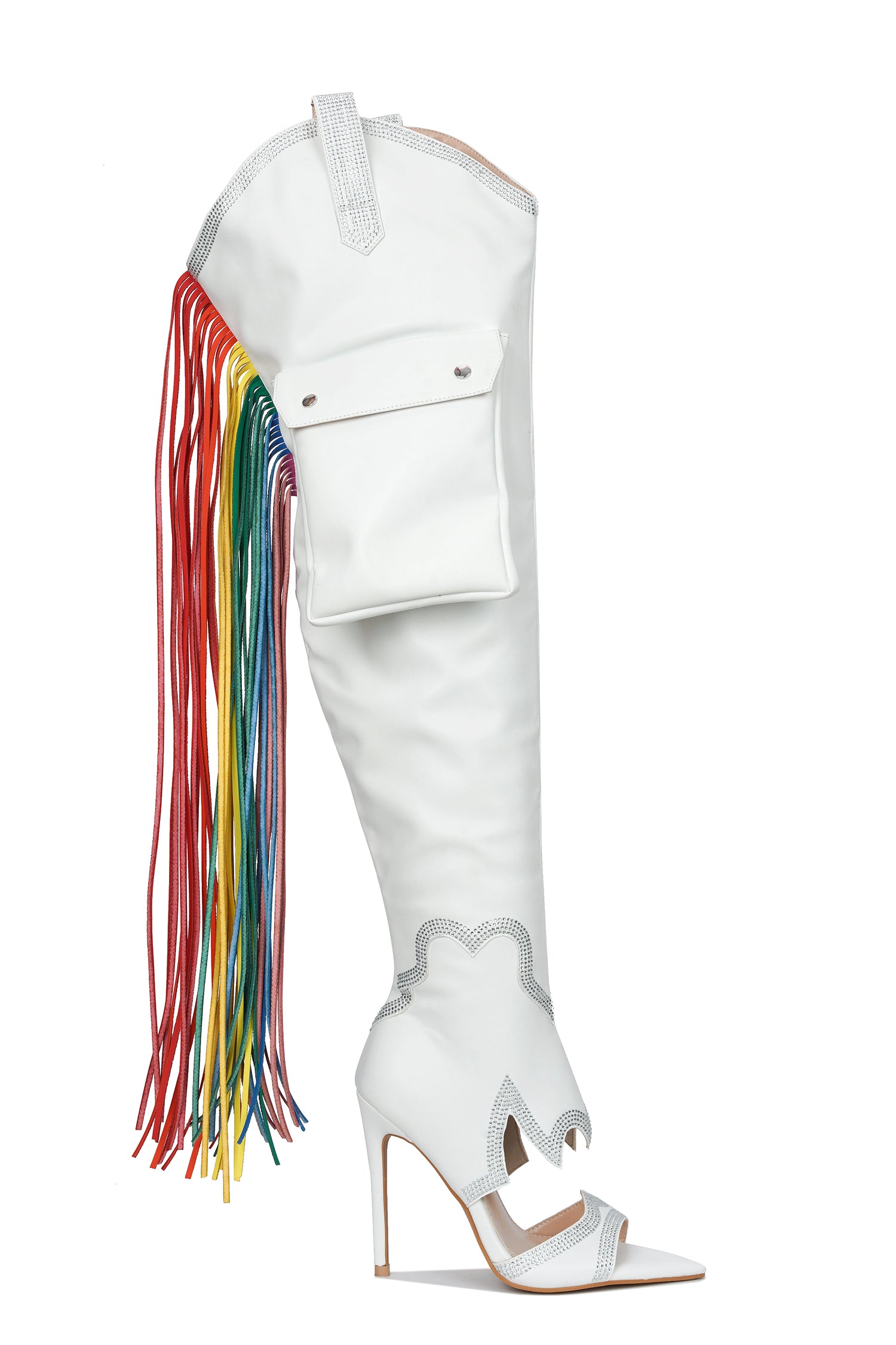 Lise Western Rhinestone Fringed Cargo Boots - White