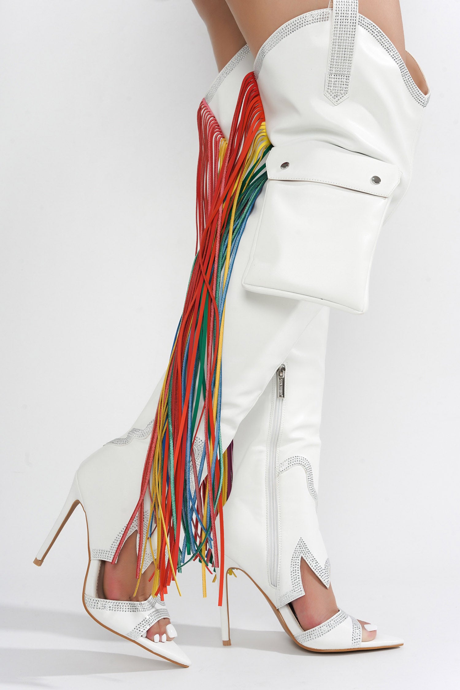 Lise Western Rhinestone Fringed Cargo Boots - White