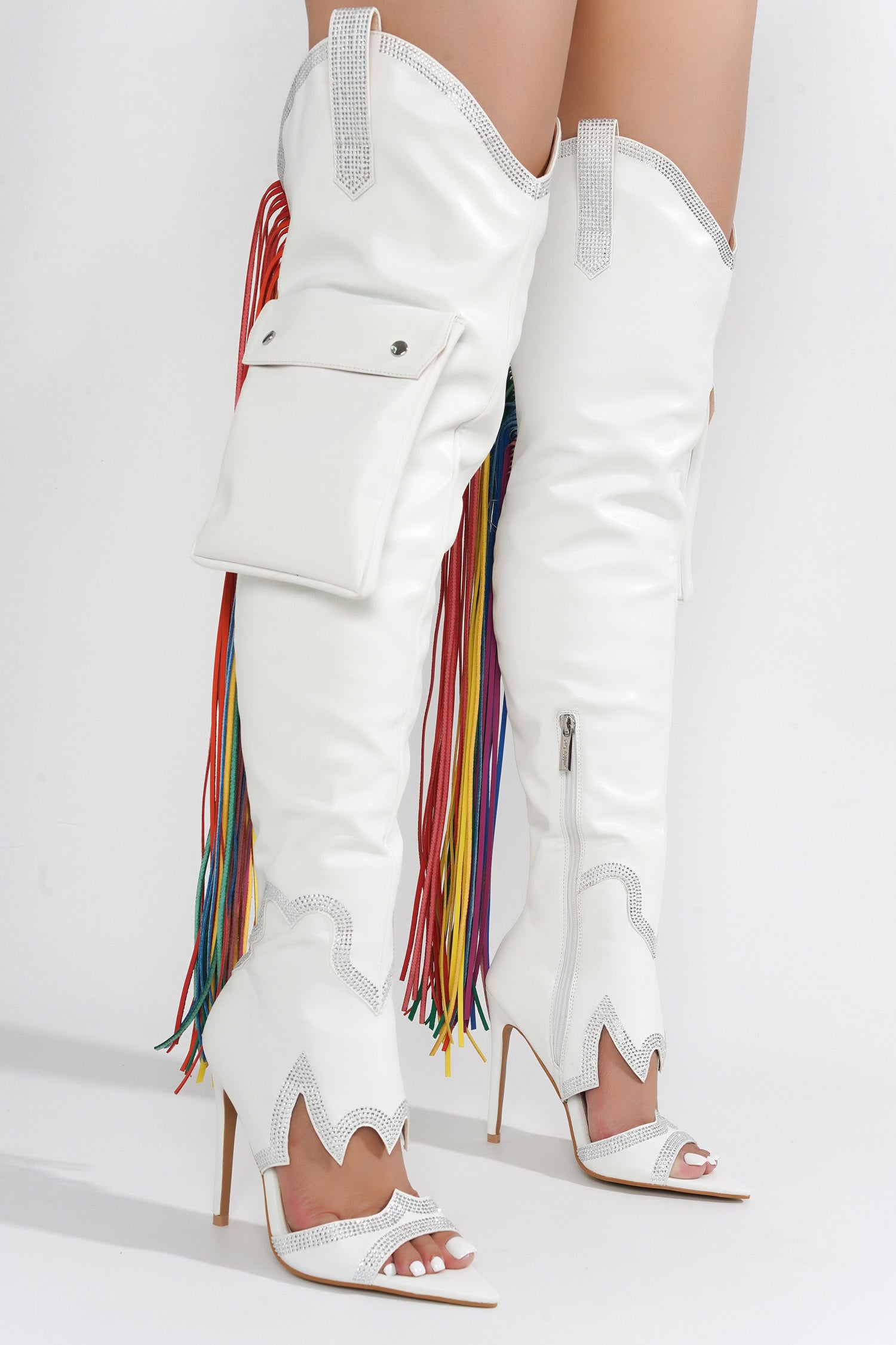 Lise Western Rhinestone Fringed Cargo Boots - White