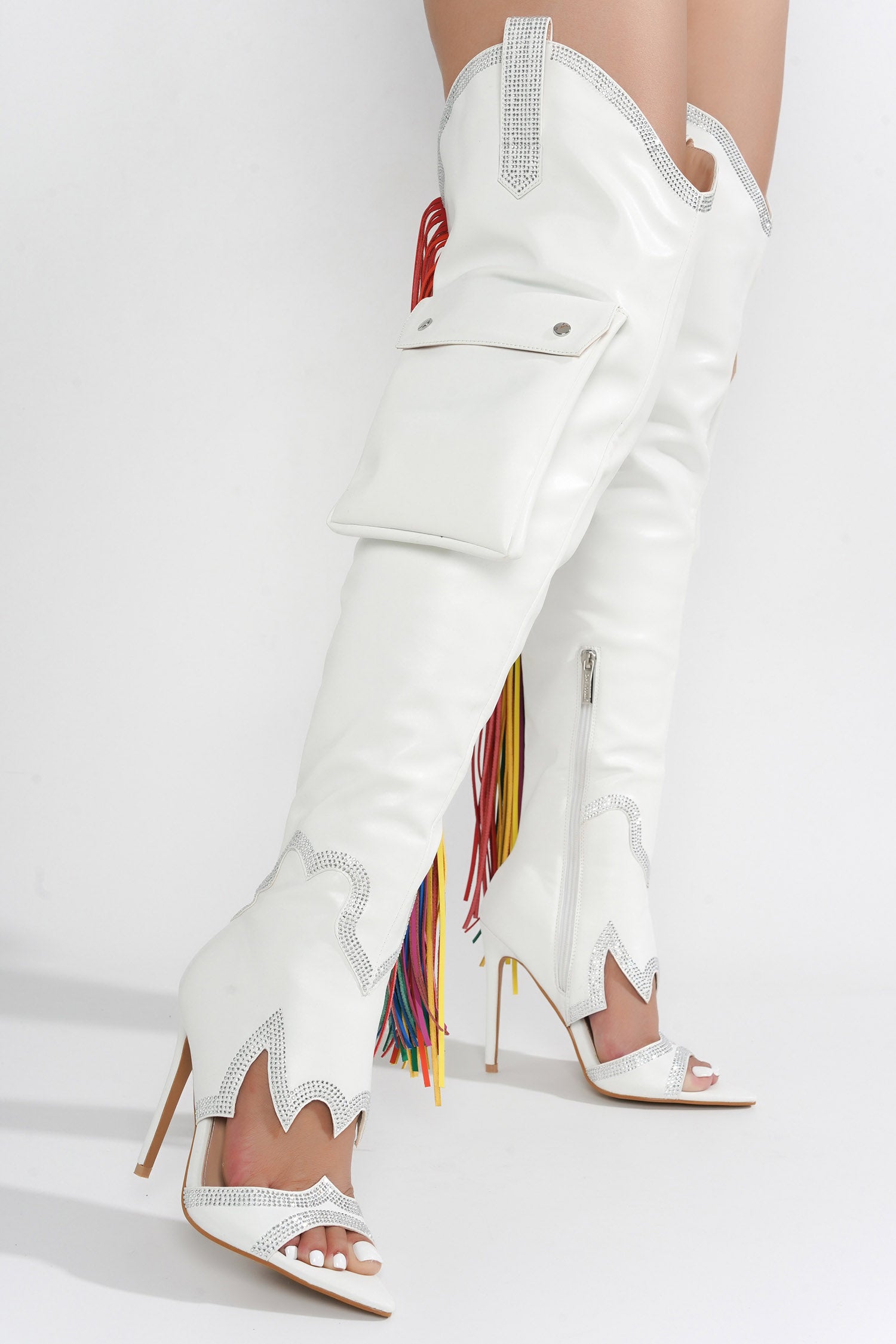 Lise Western Rhinestone Fringed Cargo Boots - White