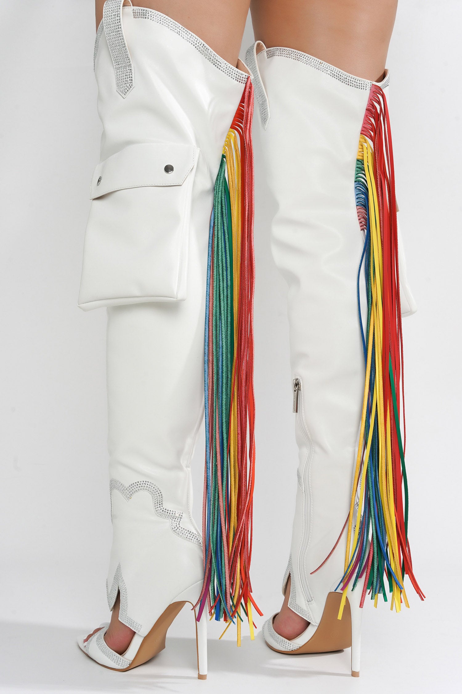 Lise Western Rhinestone Fringed Cargo Boots - White