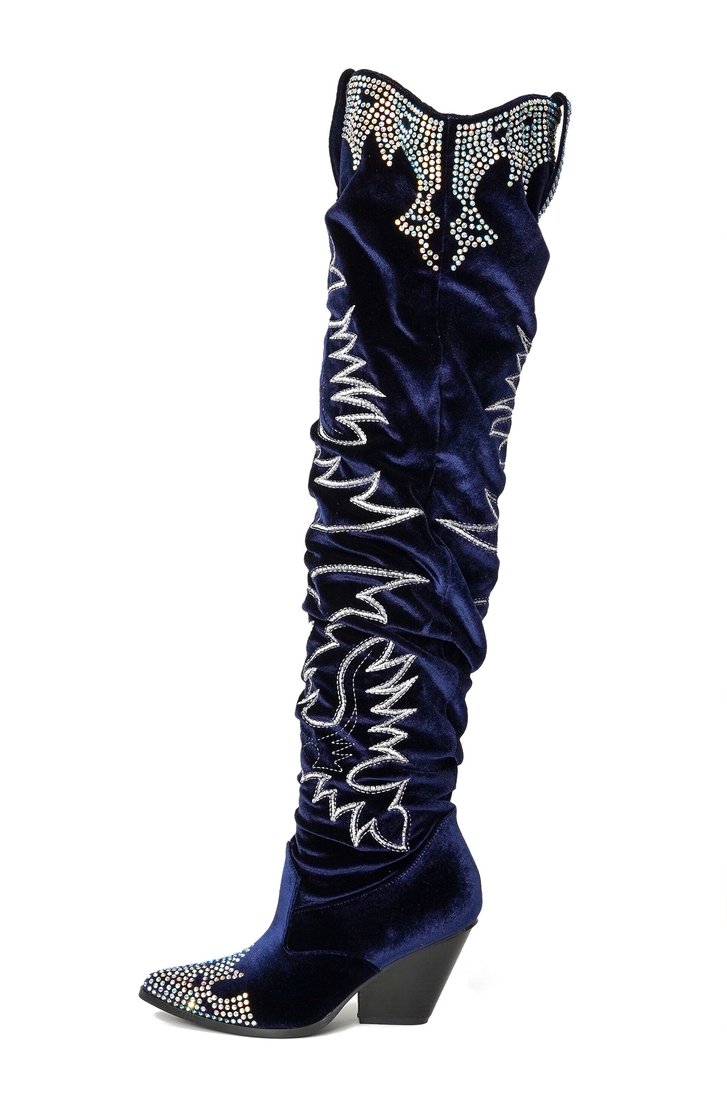 Lish Velvet Rhinestone Thigh High Slouchy Western Boots - Blue
