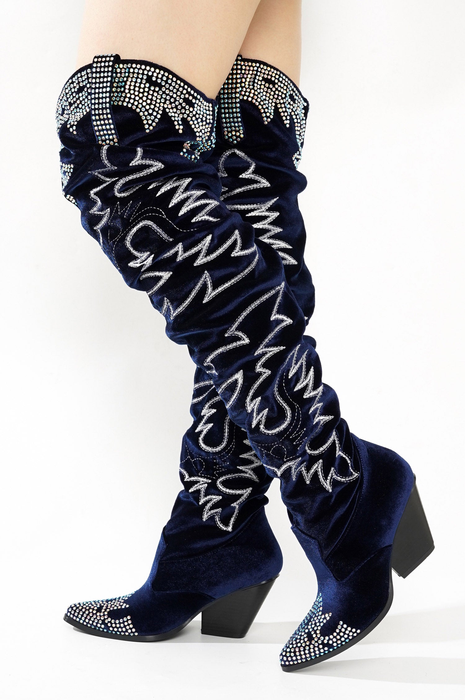 Lish Velvet Rhinestone Thigh High Slouchy Western Boots - Blue