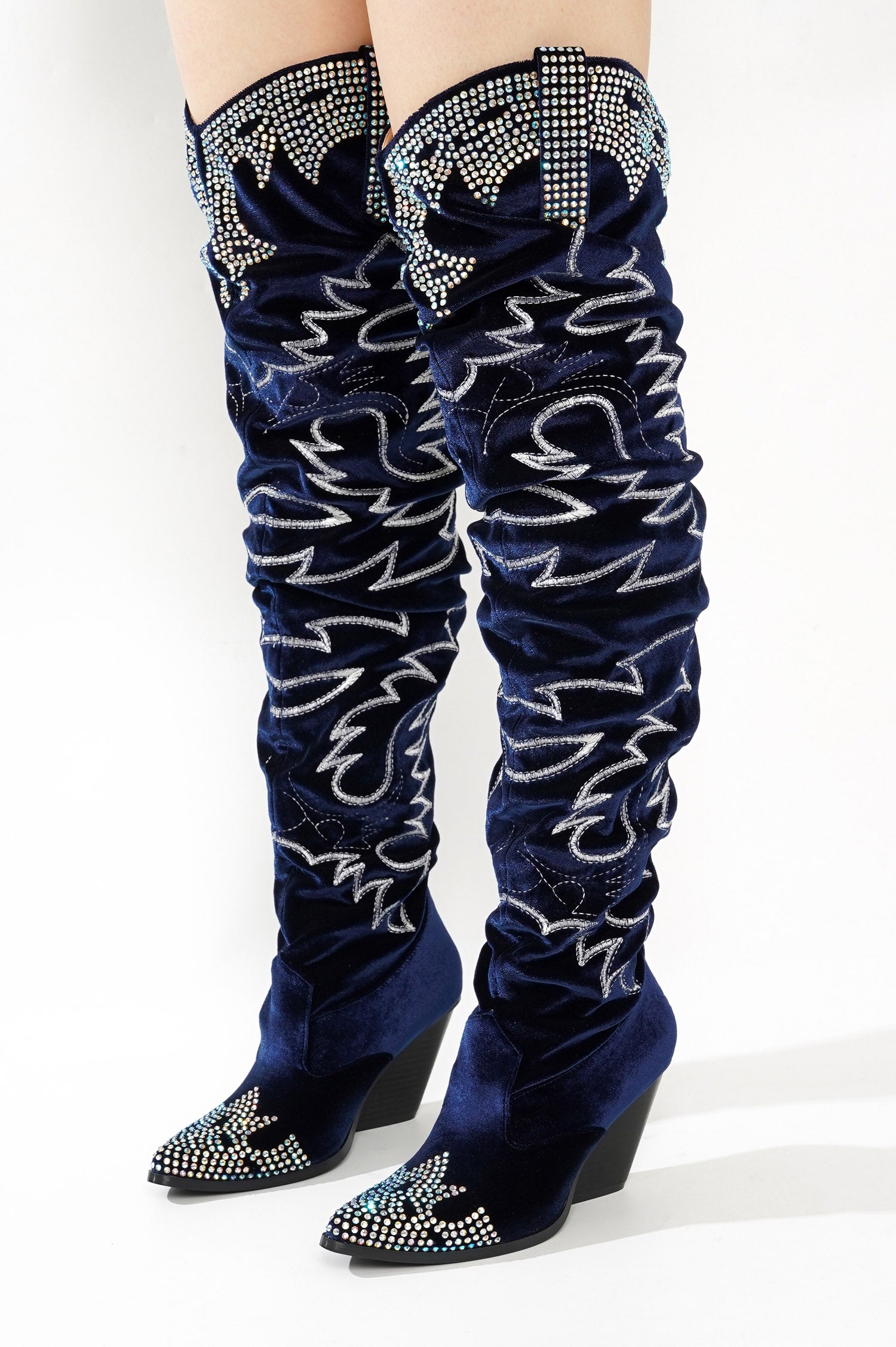 Lish Velvet Rhinestone Thigh High Slouchy Western Boots - Blue