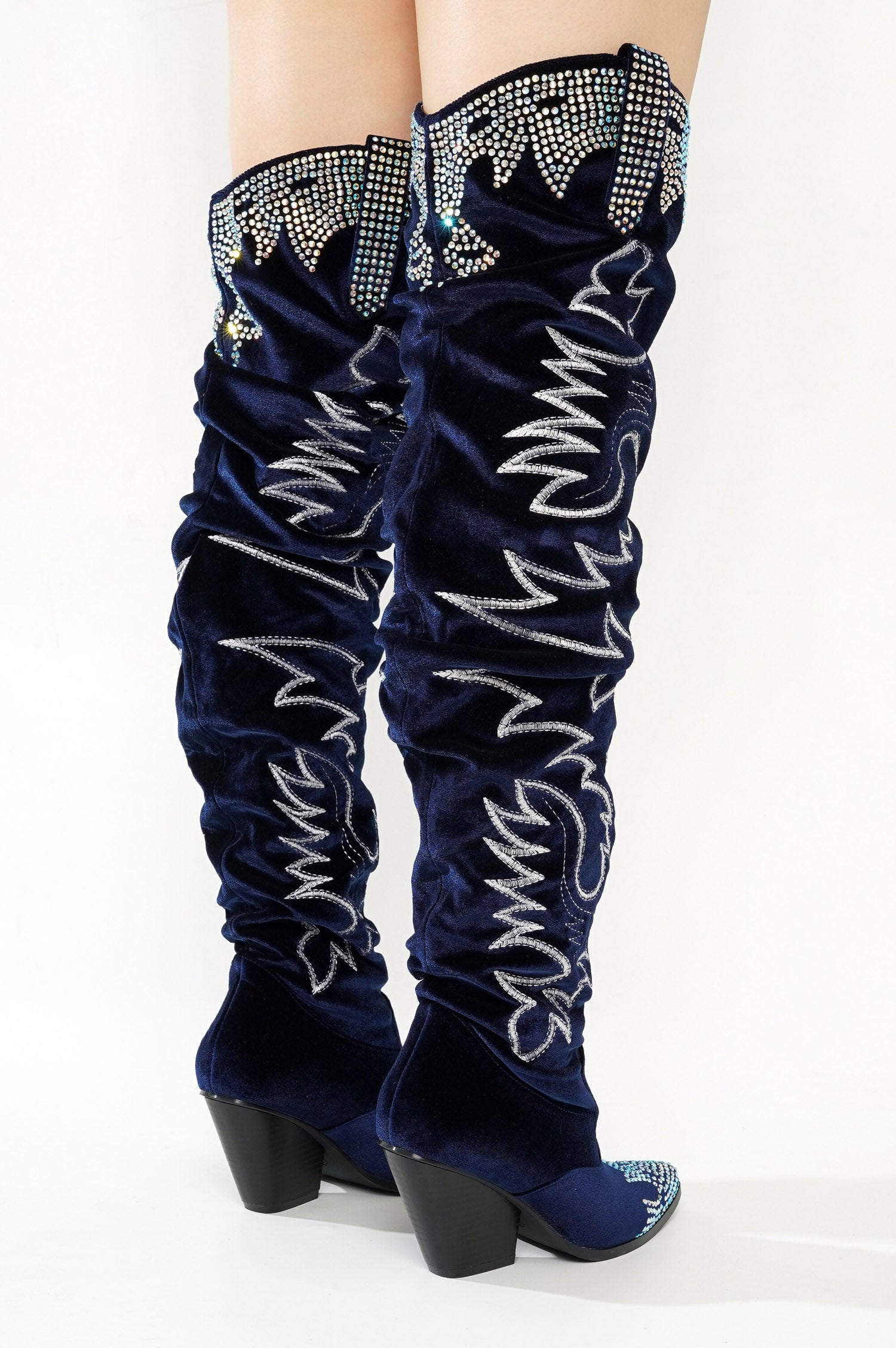 Lish Velvet Rhinestone Thigh High Slouchy Western Boots - Blue