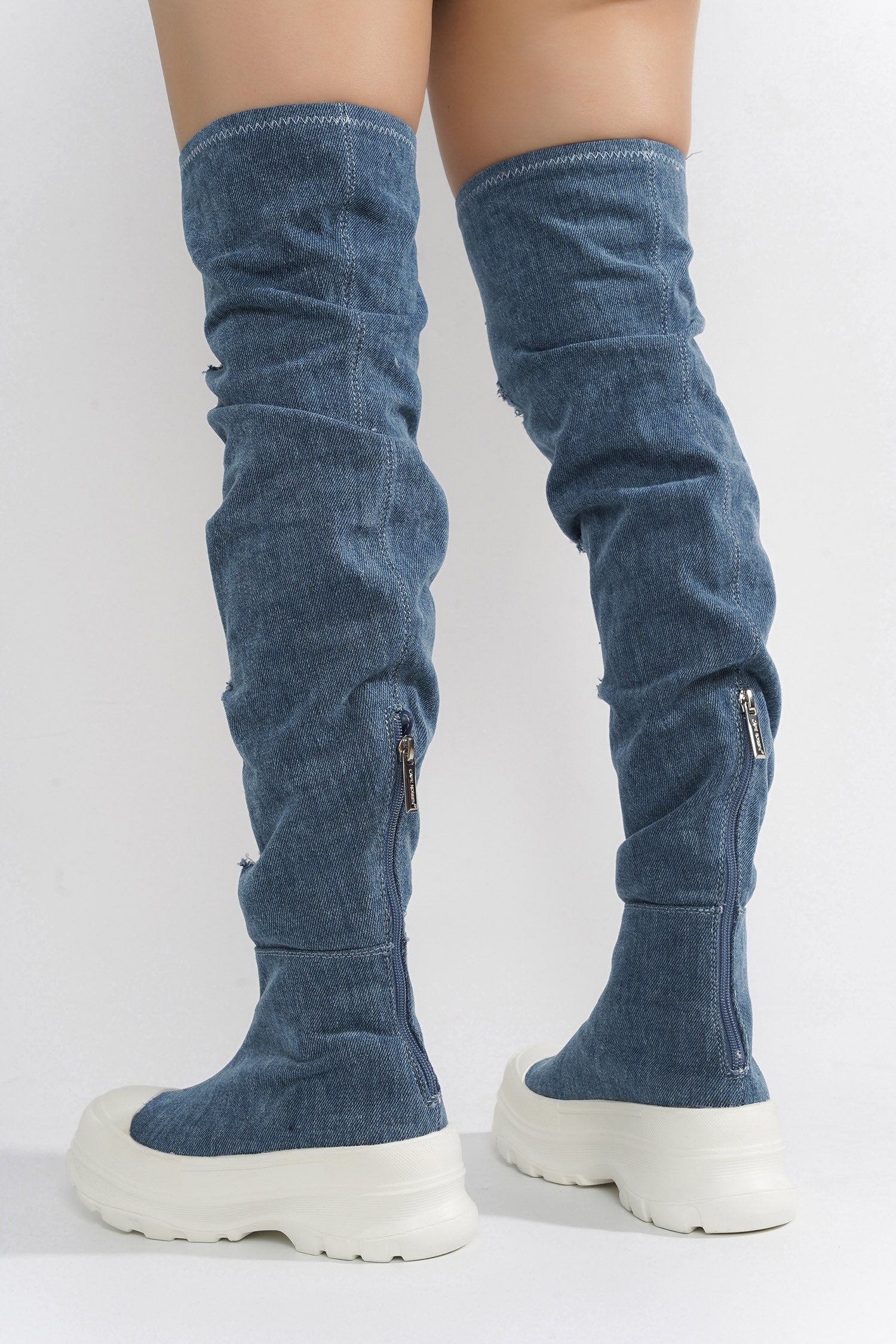 Looks Chunky Sole Thigh High Denim Sneakers - Denim