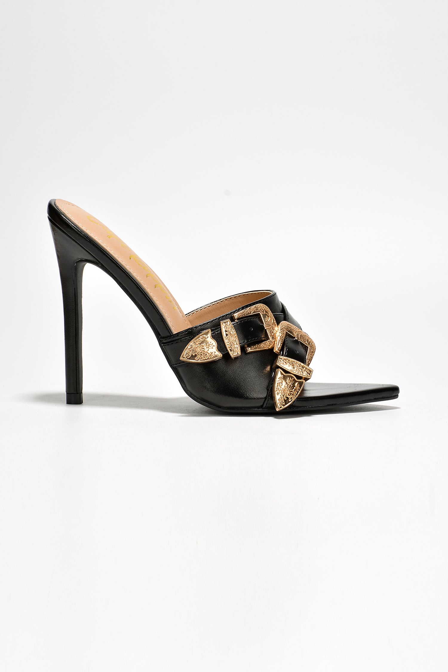 Marcella Buckles Pointy Toe Odd-Shaped Heels - Black