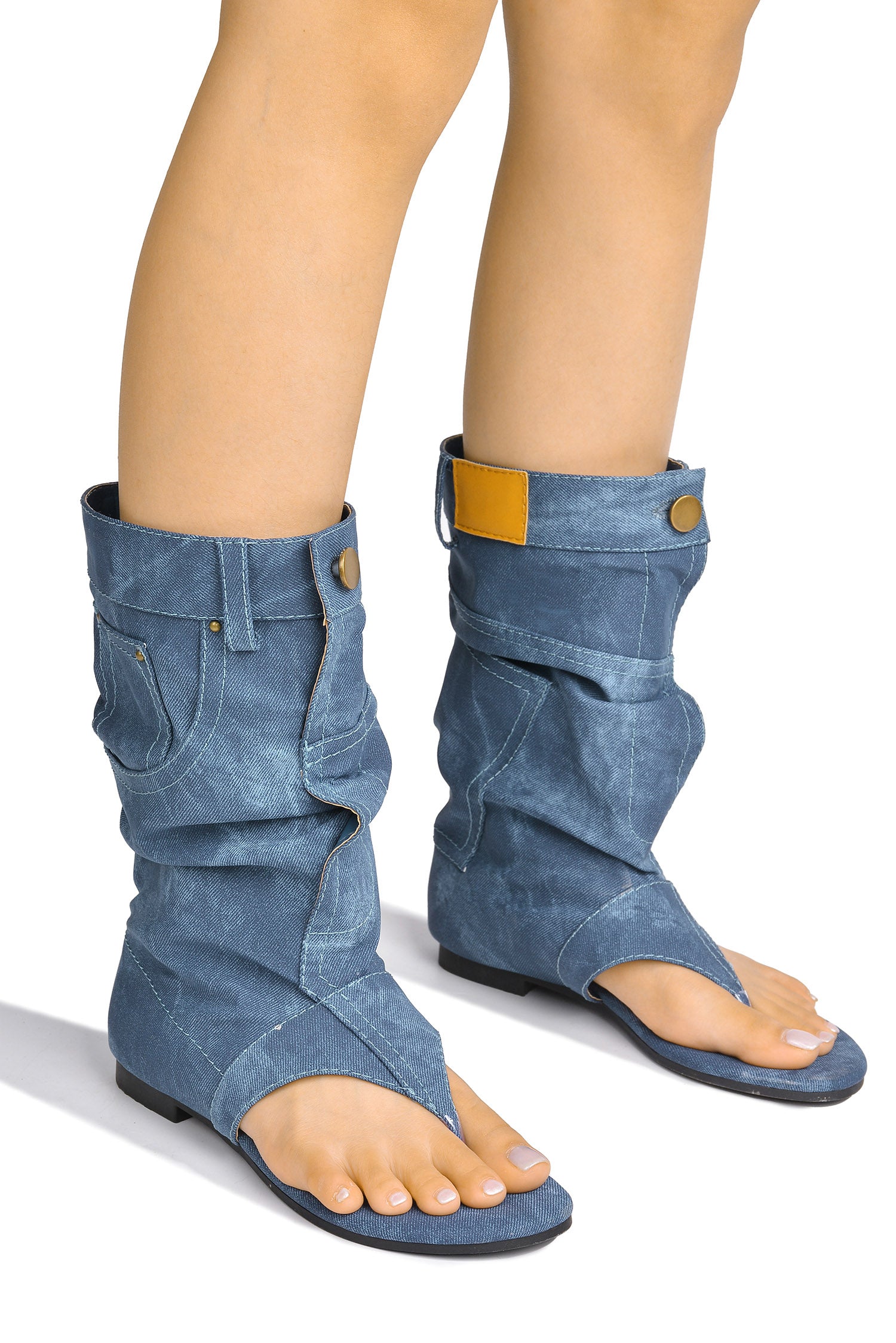 Matie Y2K Denim Slouchy Thong Sandal Boots - Blue