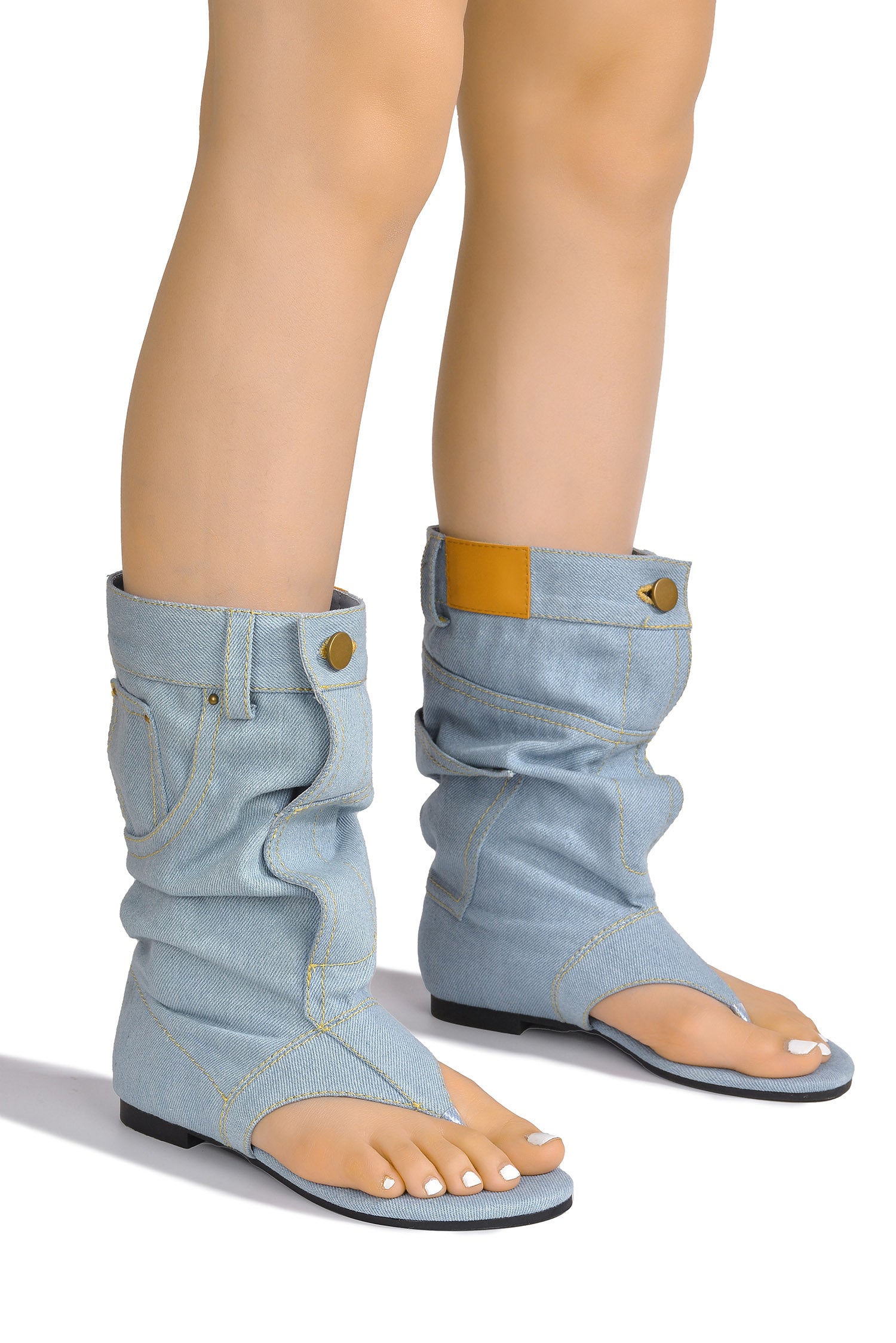 Matie Y2K Denim Slouchy Thong Sandal Boots - Denim