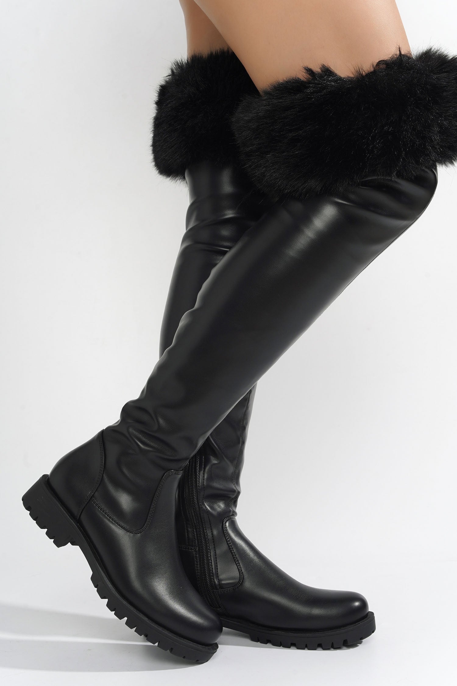 Meghani Fur-Coated Over-the-Knee Boots - Black