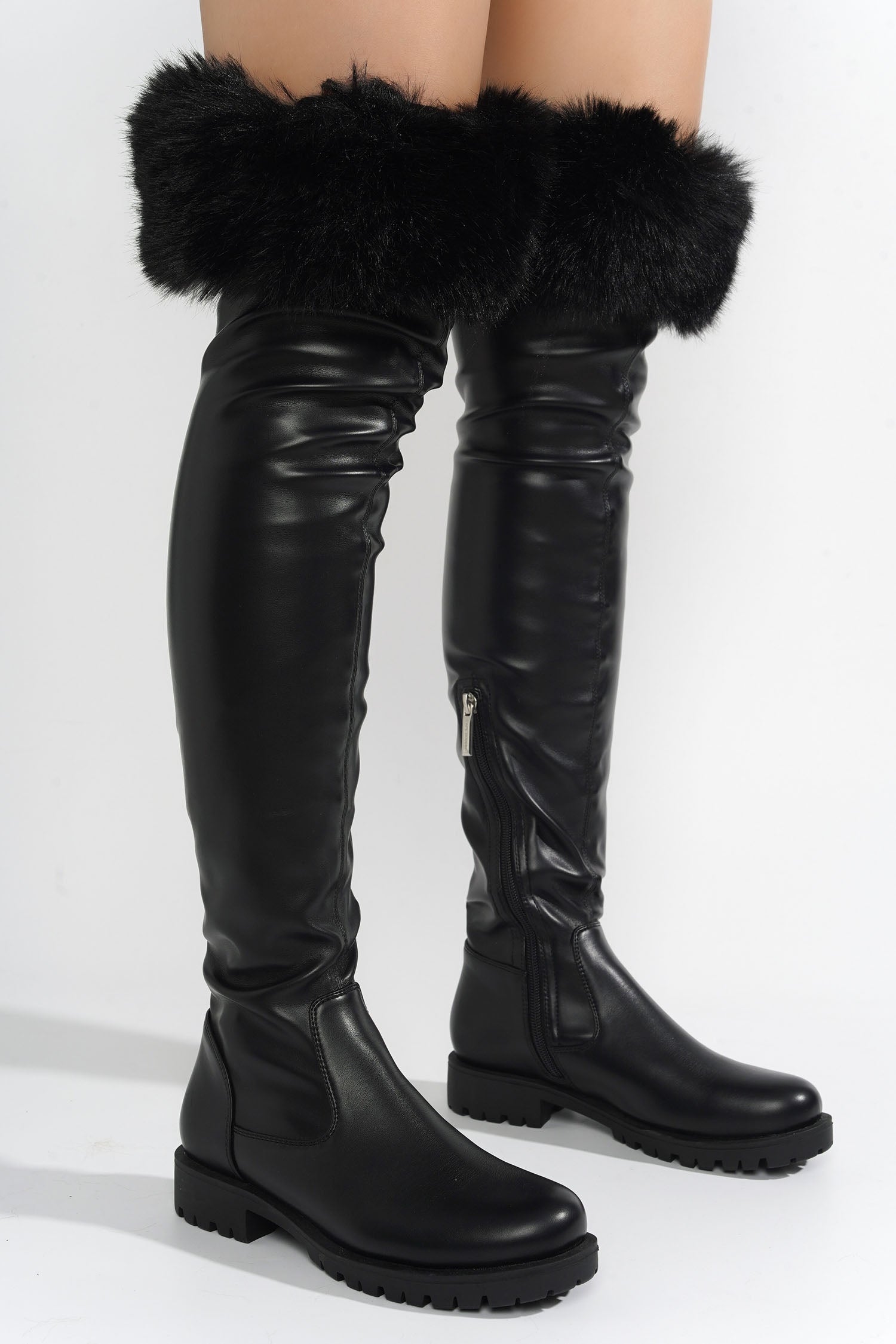 Meghani Fur-Coated Over-the-Knee Boots - Black