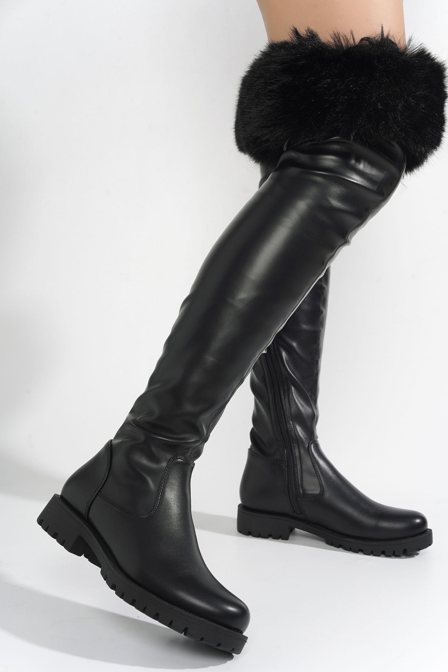 Meghani Fur-Coated Over-the-Knee Boots - Black