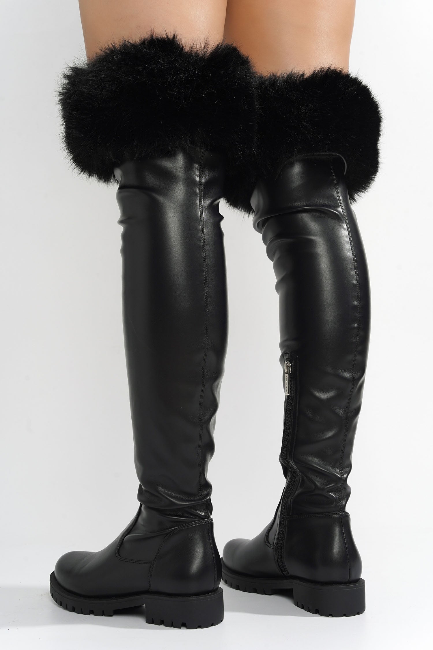 Meghani Fur-Coated Over-the-Knee Boots - Black