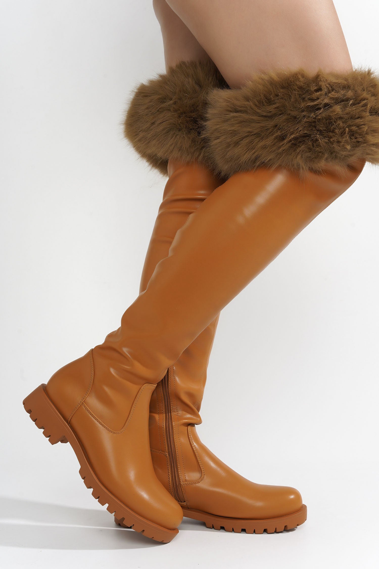 Meghani Fur-Coated Over-the-Knee Boots - Tan