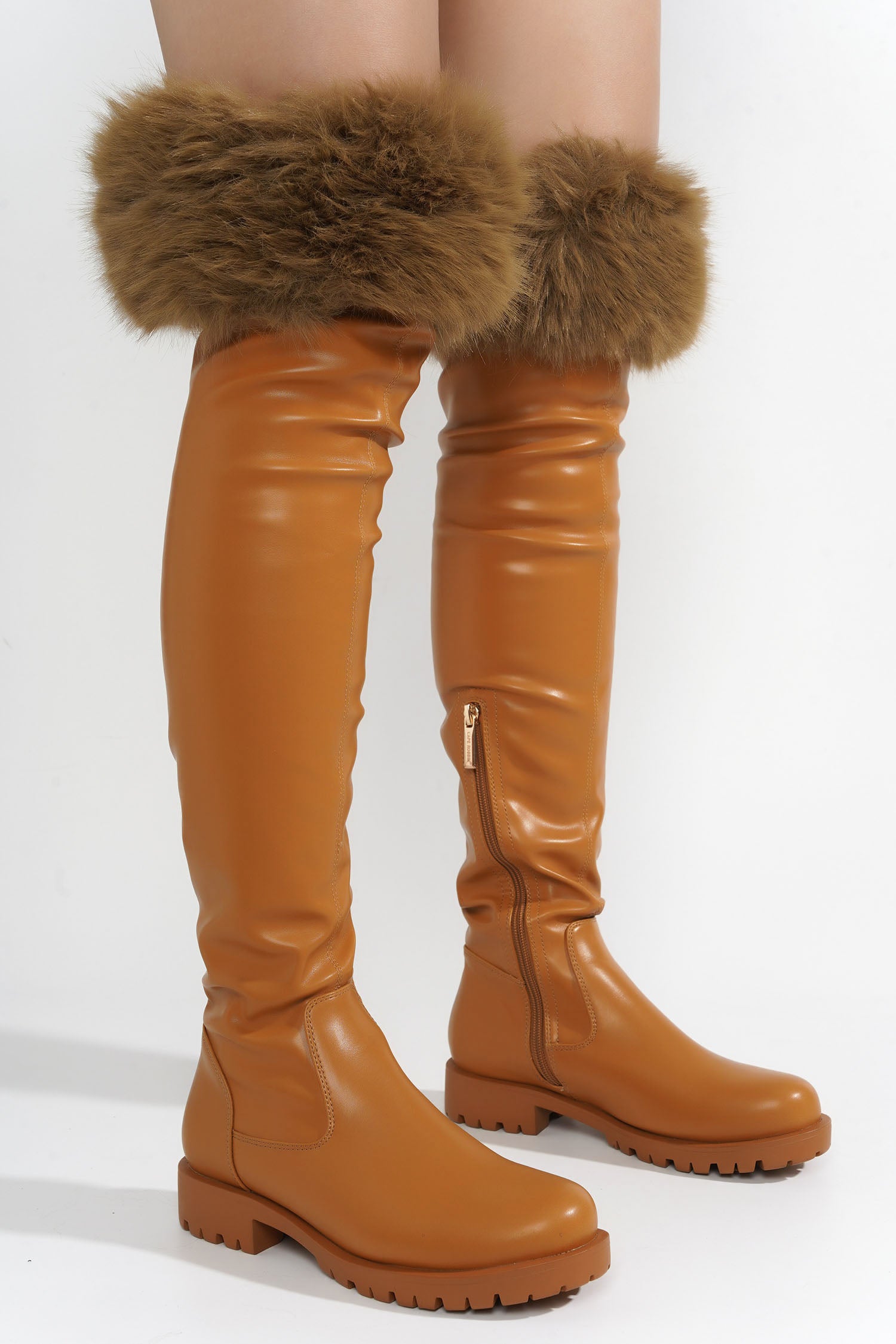 Meghani Fur-Coated Over-the-Knee Boots - Tan