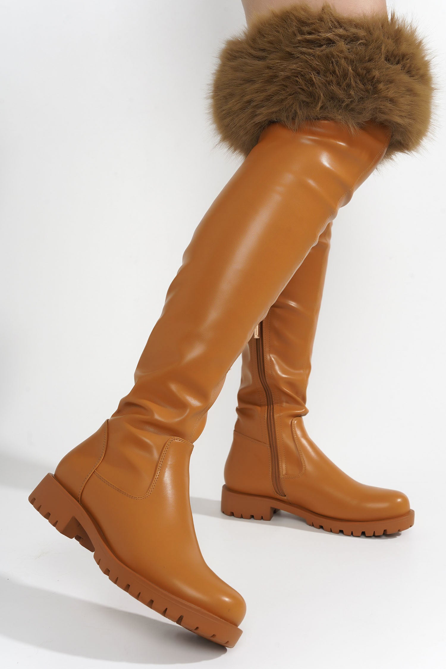 Meghani Fur-Coated Over-the-Knee Boots - Tan