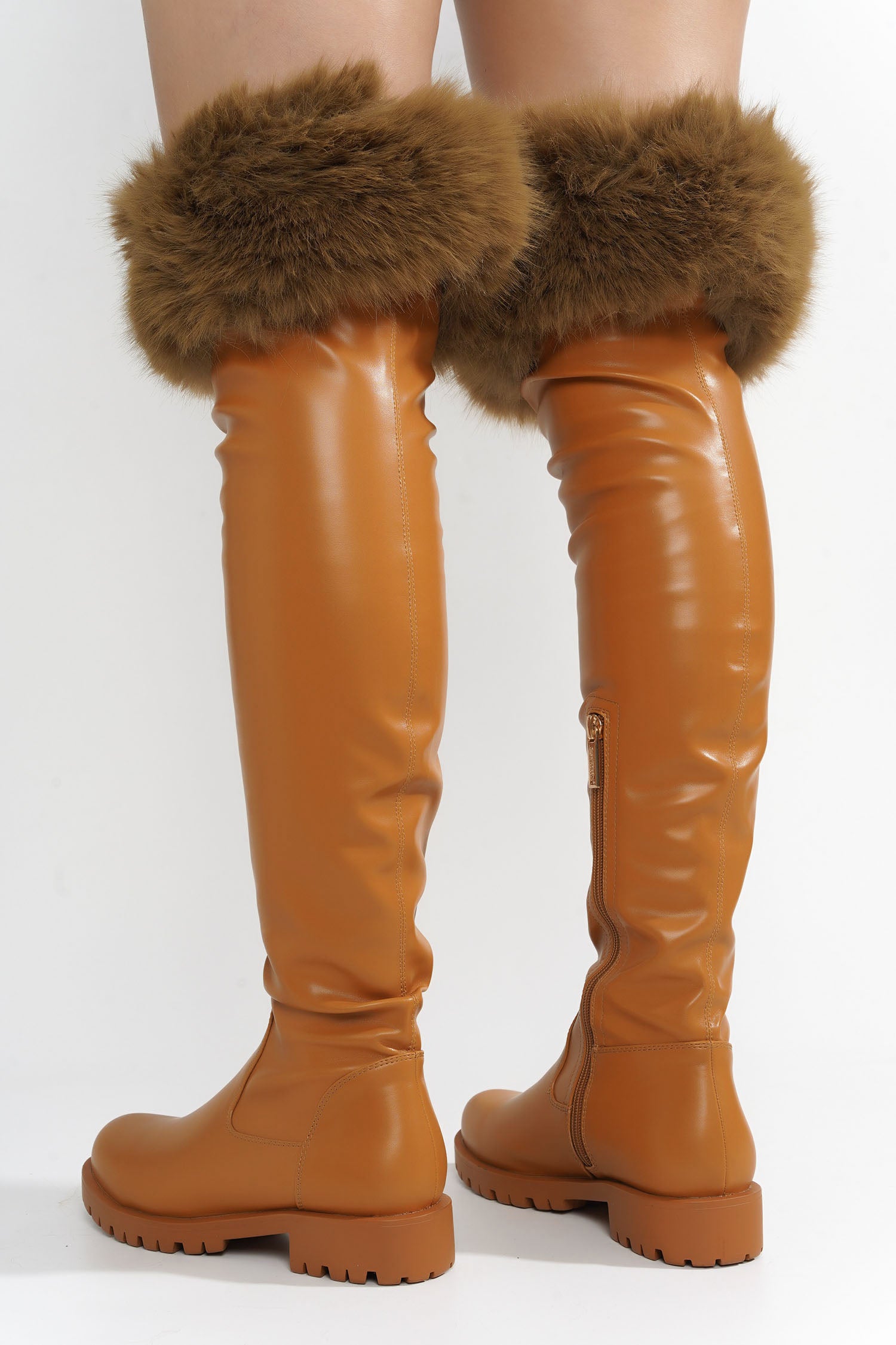 Meghani Fur-Coated Over-the-Knee Boots - Tan