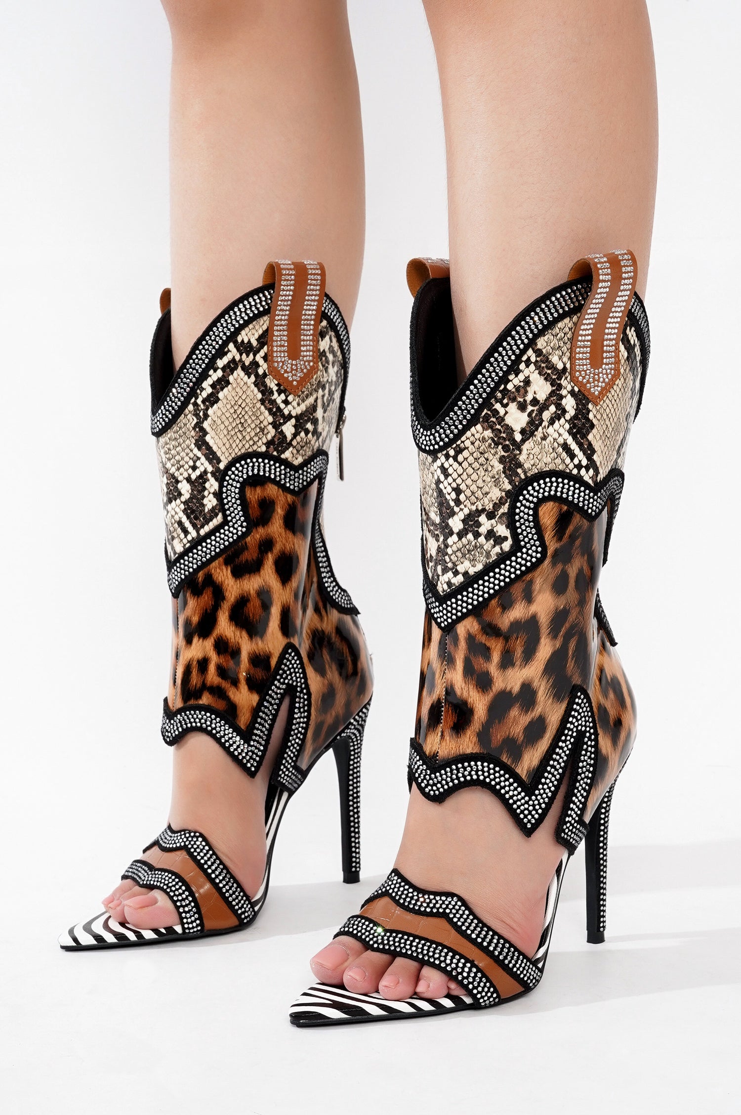 Nanaye-2 Rhinestone Cowboy Boots for Women - Black Western Stiletto Heels with Cutout Ankle - Animal - Cape Robbin