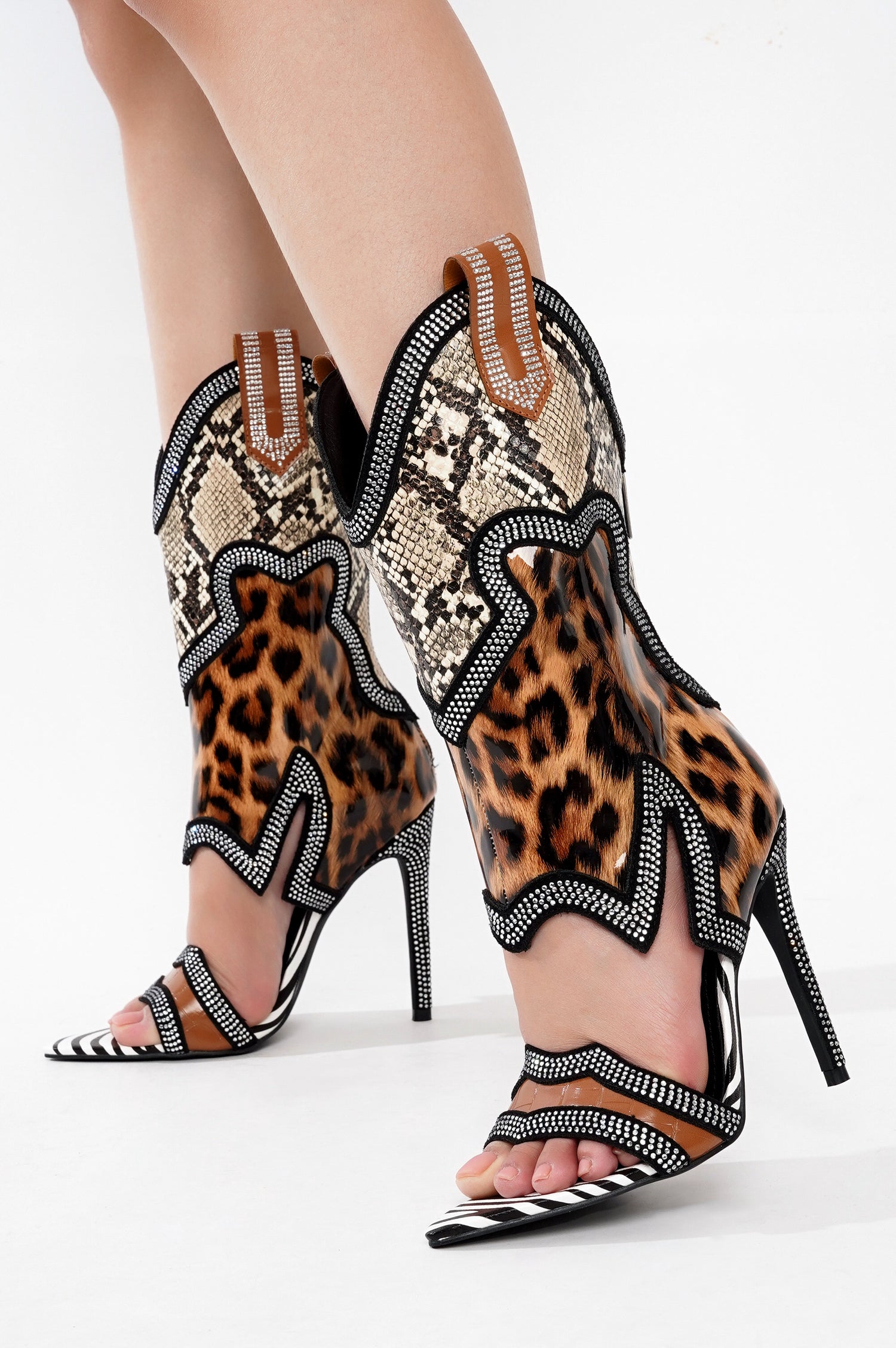 Nanaye-2 Rhinestone Cowboy Boots for Women - Black Western Stiletto Heels with Cutout Ankle - Animal - Cape Robbin