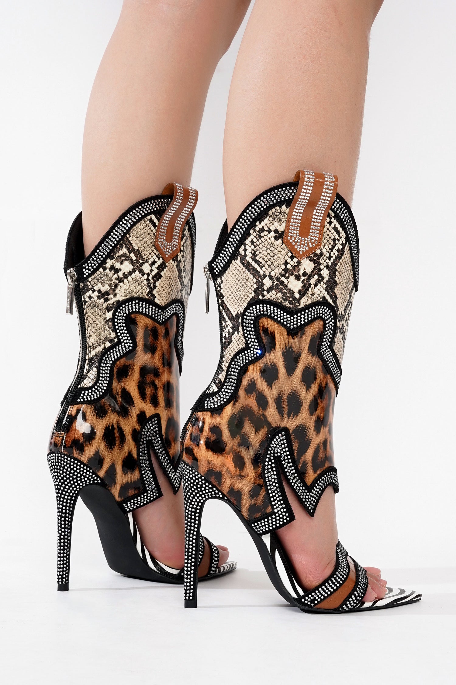 Nanaye-2 Rhinestone Cowboy Boots for Women - Black Western Stiletto Heels with Cutout Ankle - Animal - Cape Robbin