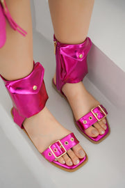 Natalie Metallic Pouch Buckle Ankle Strap Square Toe Sandals - Pink