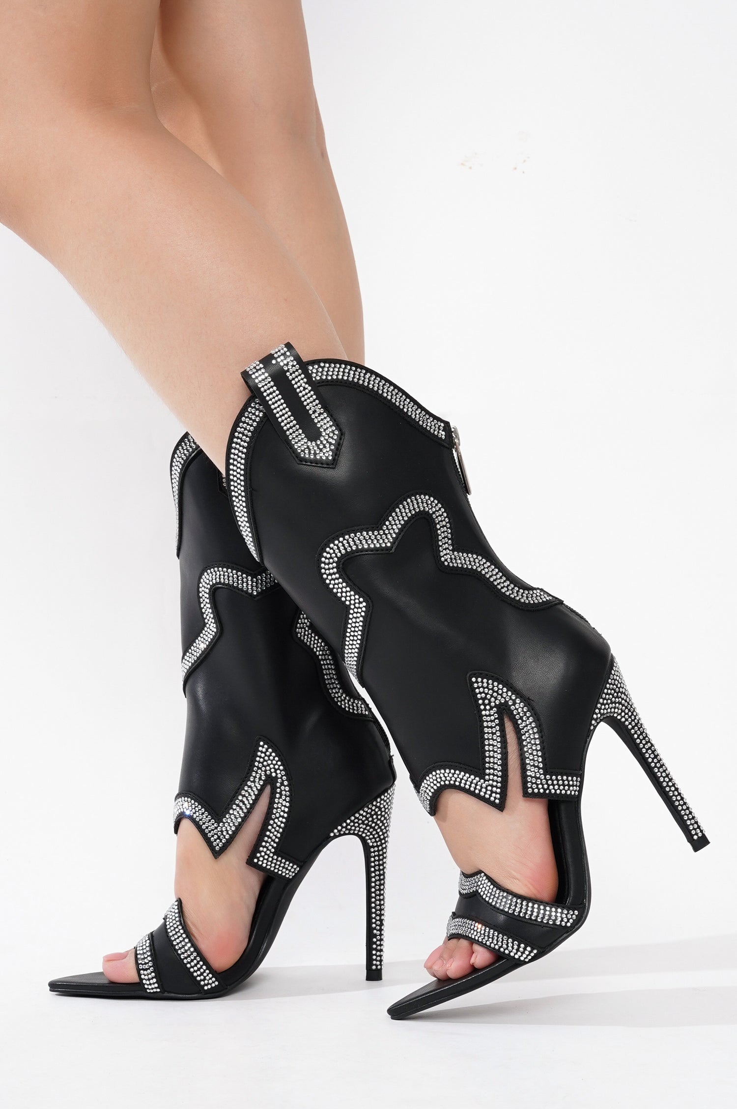 Nayaye Rhinestone Cowboy Boots for Women - Black Western Stiletto Heels with Cutout Ankle - Black - Cape Robbin