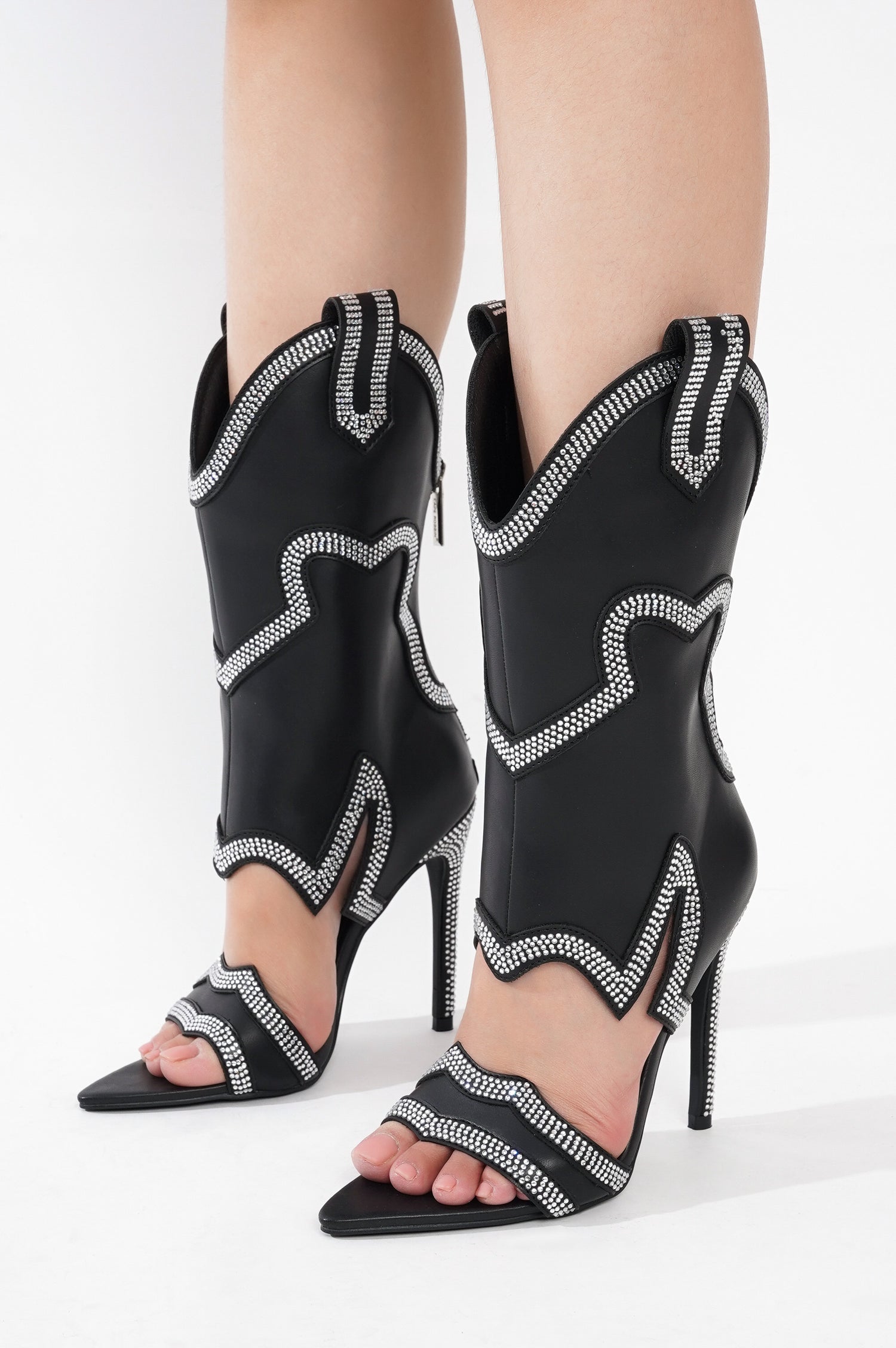 Nayaye Rhinestone Cowboy Boots for Women - Black Western Stiletto Heels with Cutout Ankle - Black - Cape Robbin