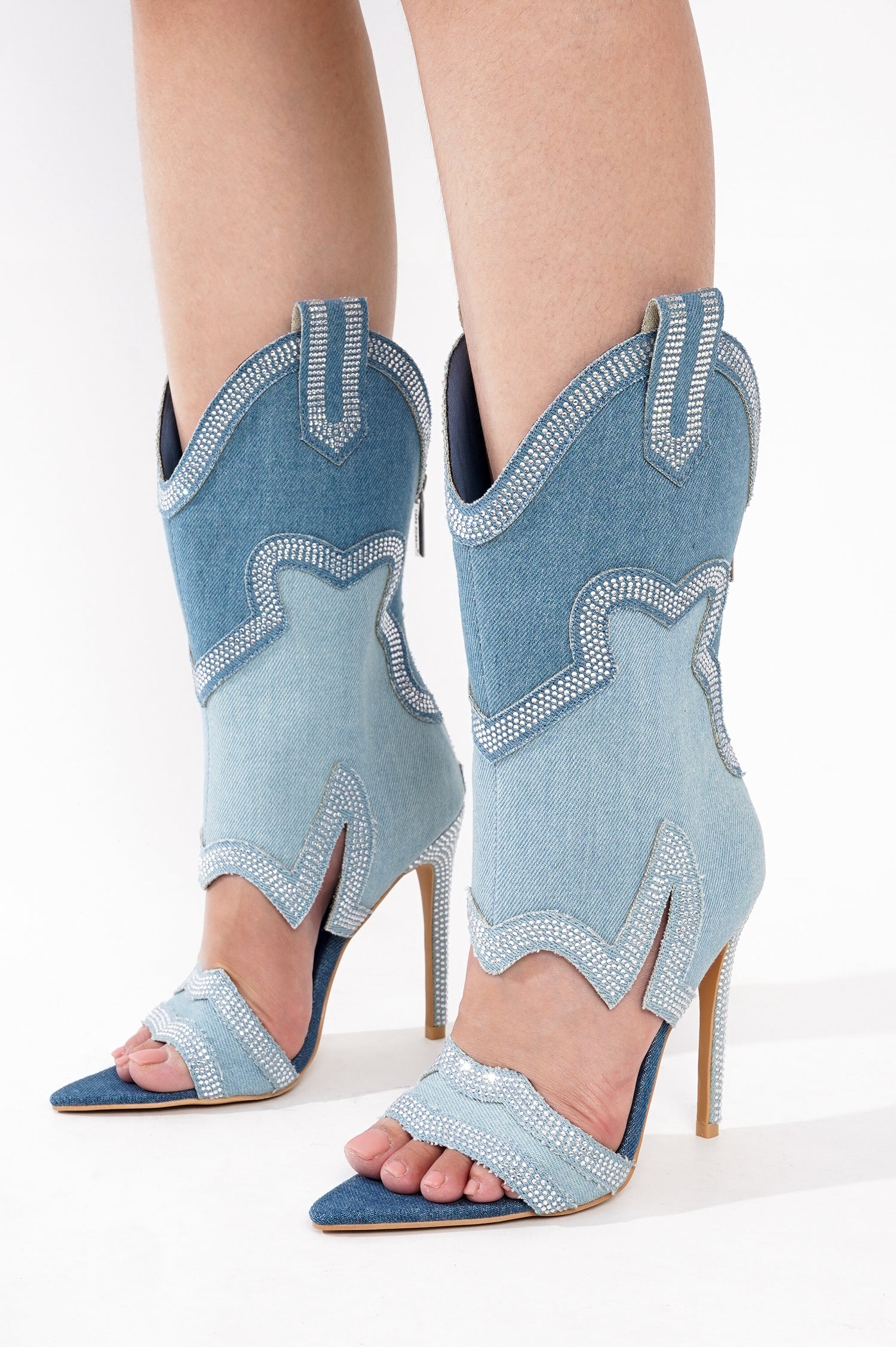 Nayaye Rhinestone Cowboy Boots for Women - Black Western Stiletto Heels with Cutout Ankle - Denim - Cape Robbin