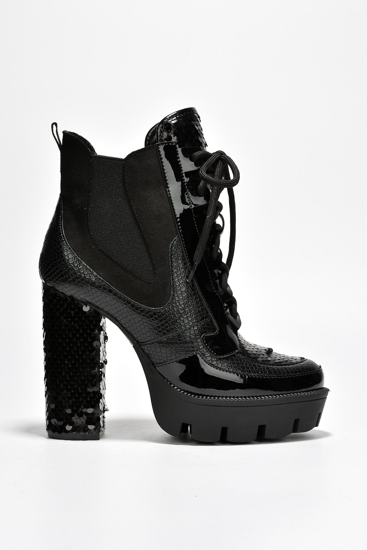 Nell Women's Sequin Cowboy Booties - Block Heel & Lace-Up Booties - Black - Cape Robbin