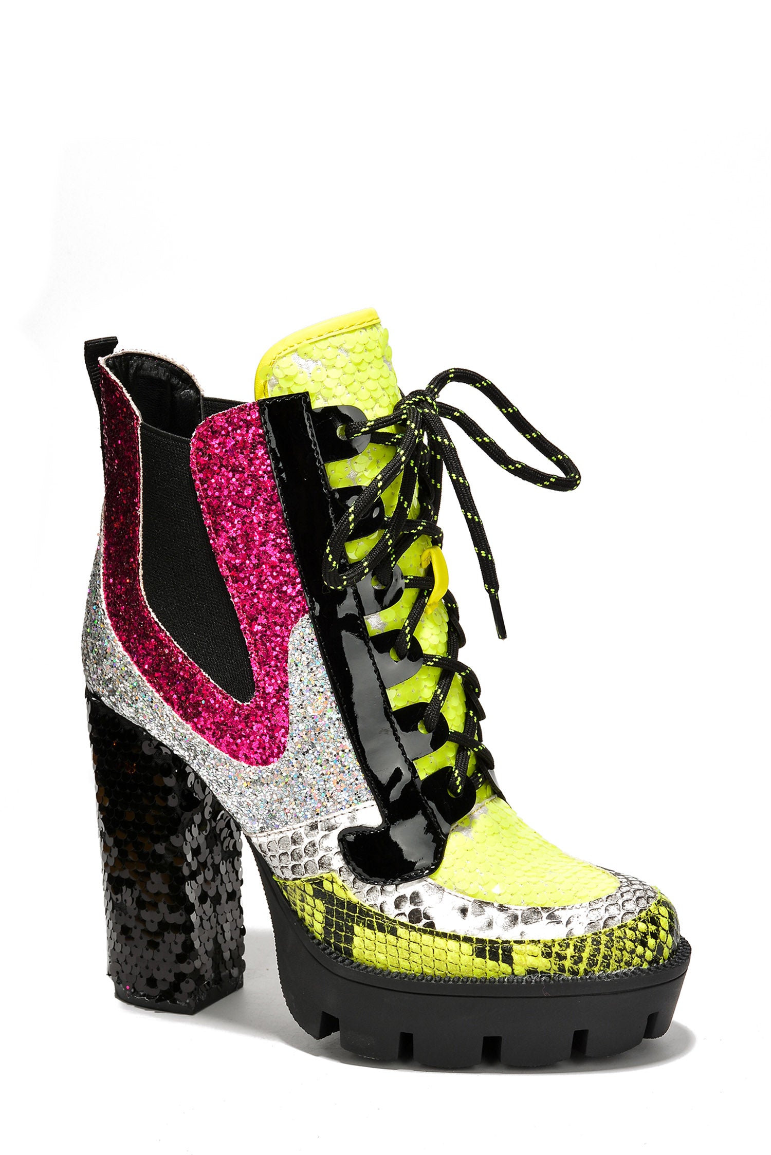 Nell Women's Sequin Cowboy Booties - Block Heel & Lace-Up Booties - Lime - Cape Robbin