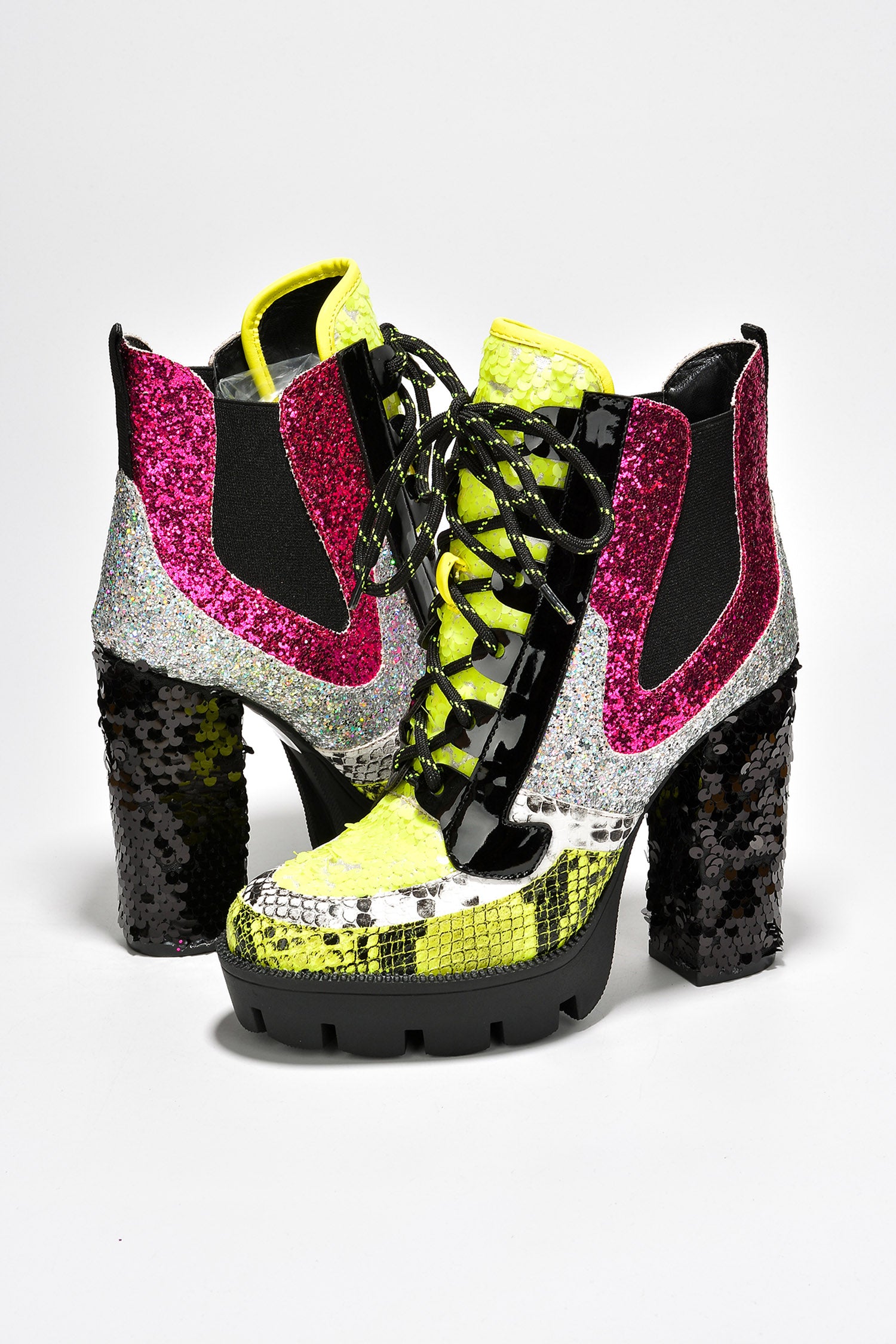 Nell Women's Sequin Cowboy Booties - Block Heel & Lace-Up Booties - Lime - Cape Robbin