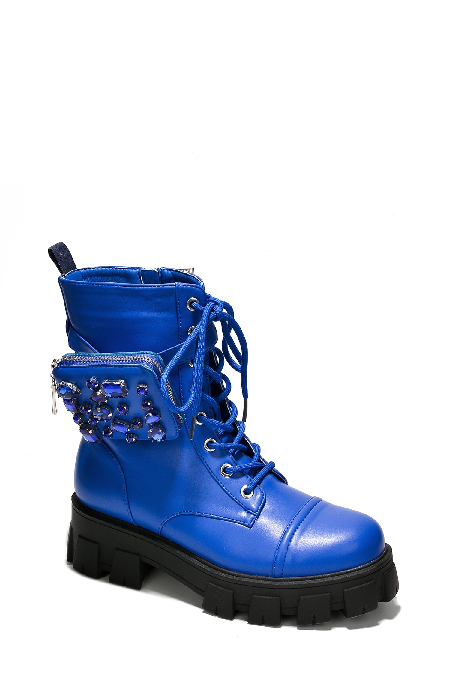 Nemoya Gem-Studded Pouch Stylish Combat Boots - Blue - Cape Robbin