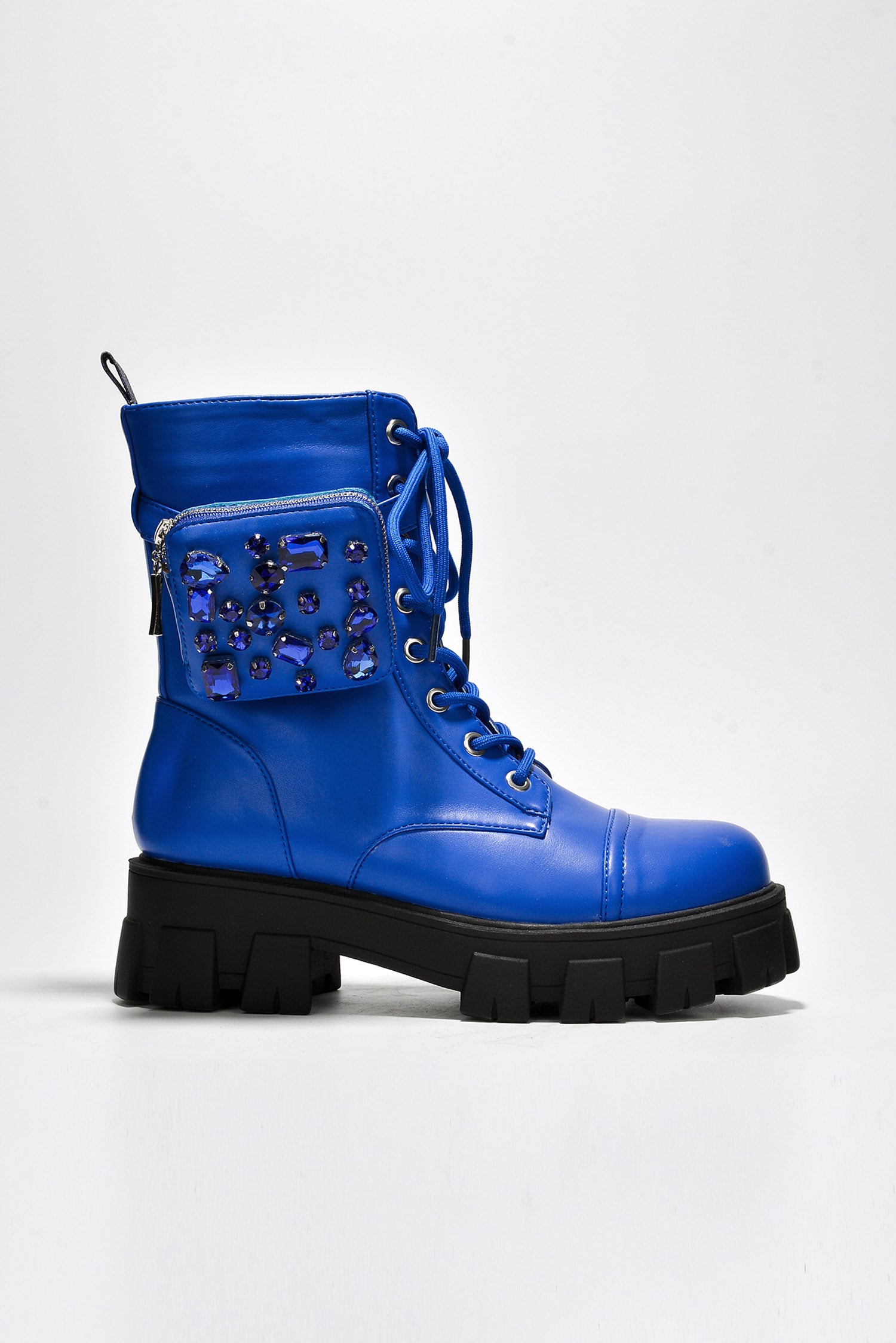 Nemoya Gem-Studded Pouch Stylish Combat Boots - Blue - Cape Robbin