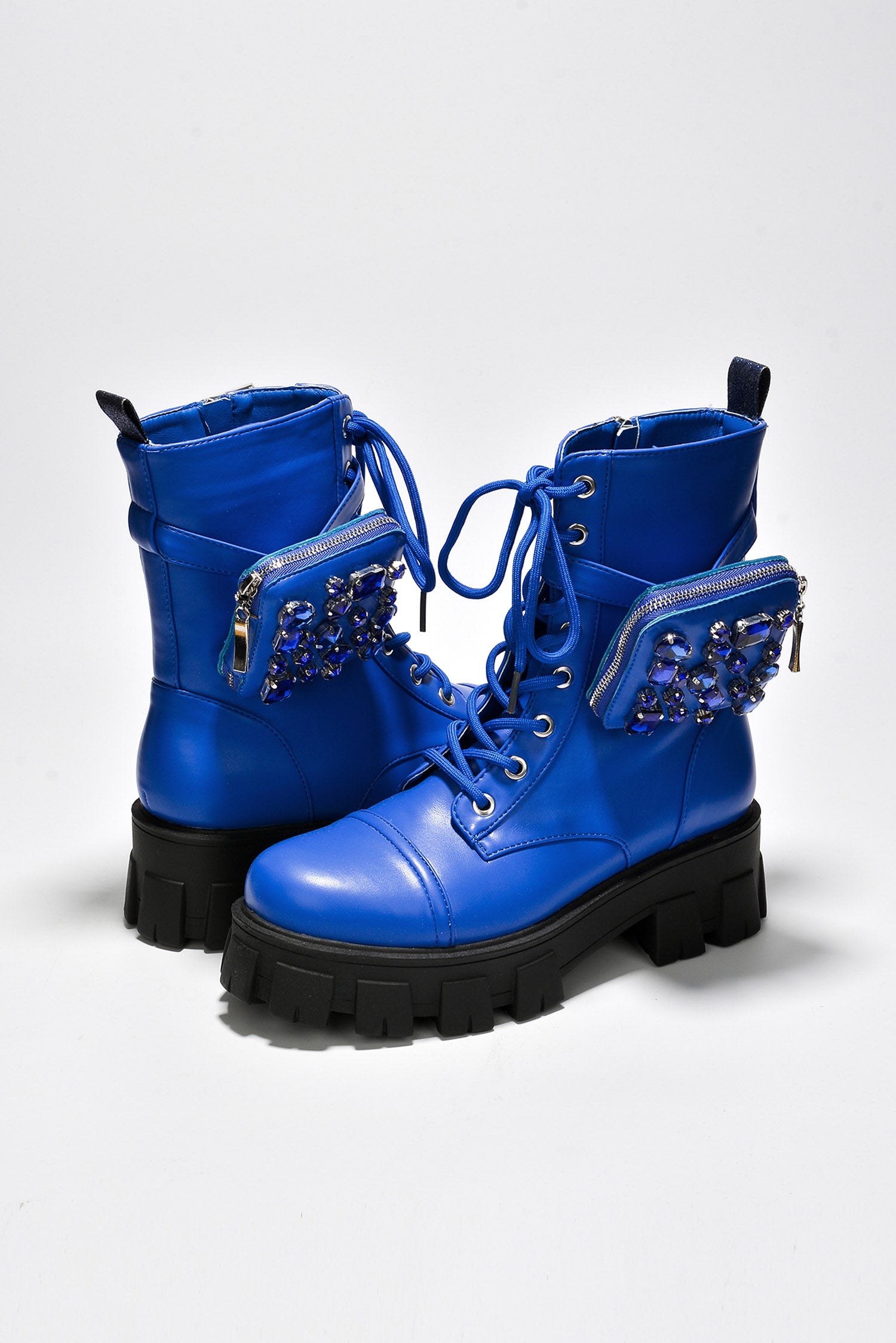 Nemoya Gem-Studded Pouch Stylish Combat Boots - Blue - Cape Robbin