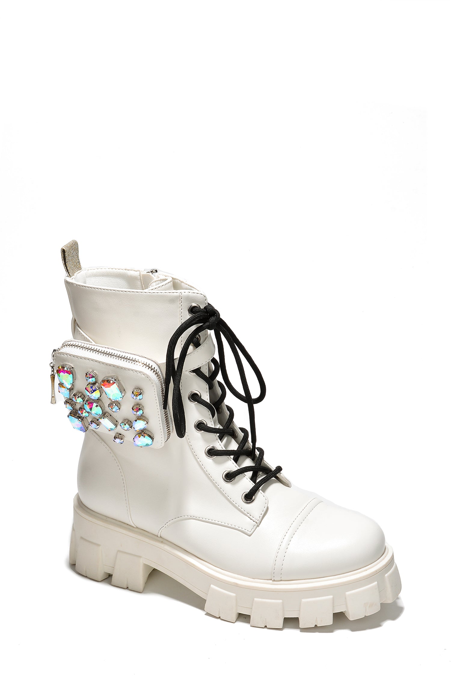 Nemoya Gem-Studded Pouch Stylish Combat Boots - White